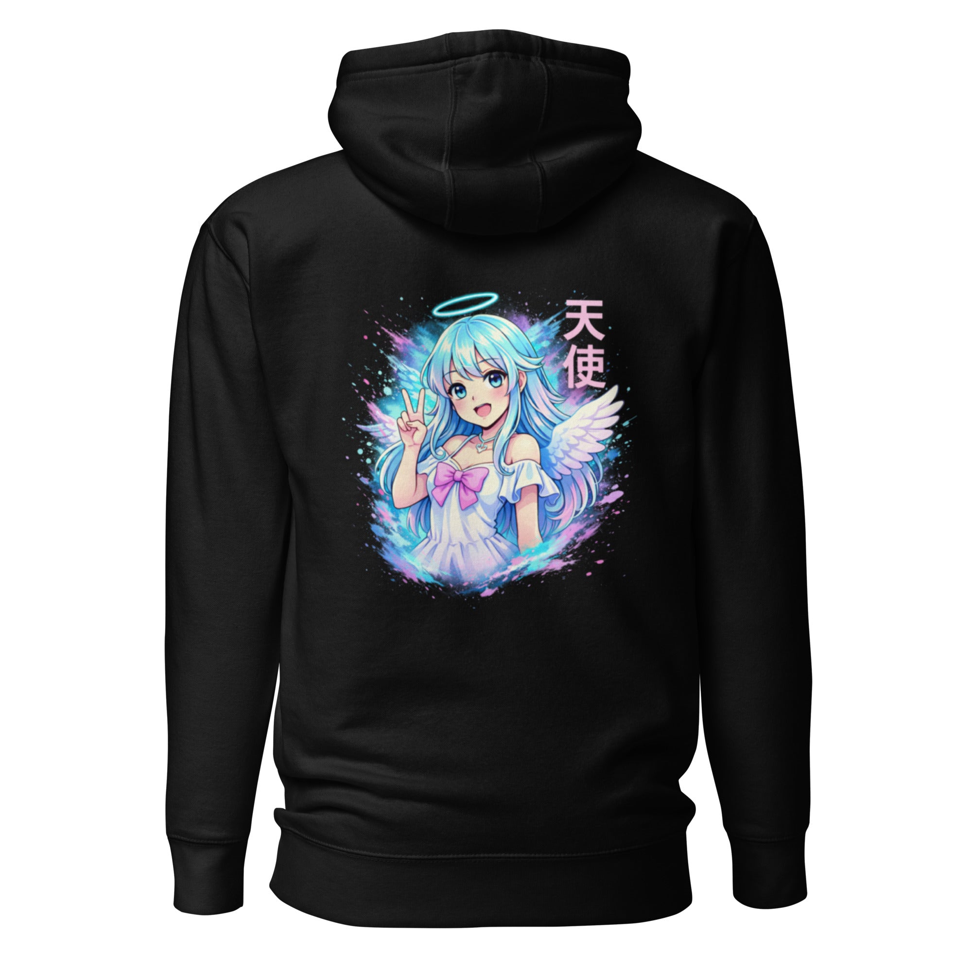 Nebura Angel Girl Neon Anime Hoodie in Schwarz mit großem Rückenmotiv