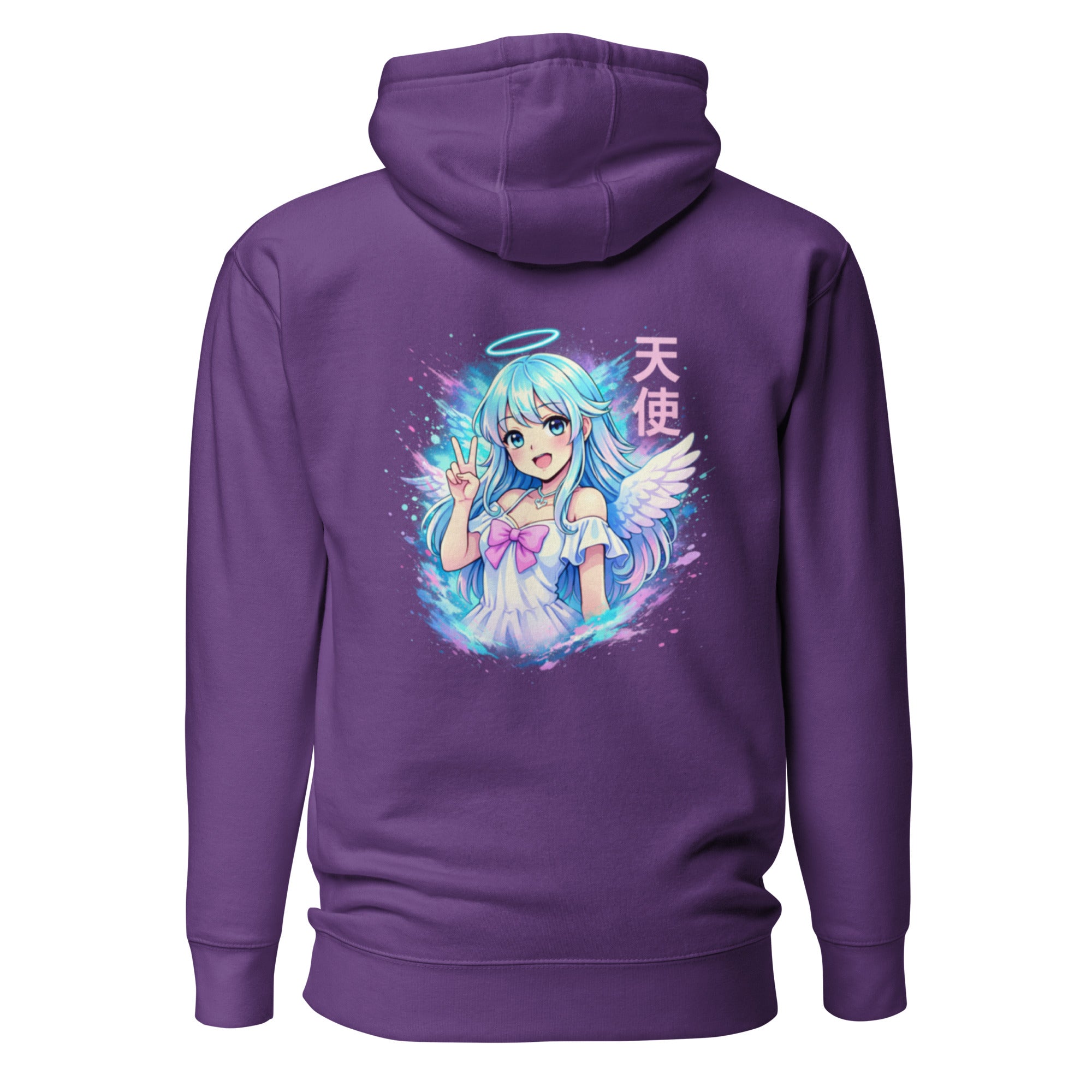 Nebura Angel Girl Neon Anime Hoodie in Lila mit kontrastreichem Rückenmotiv