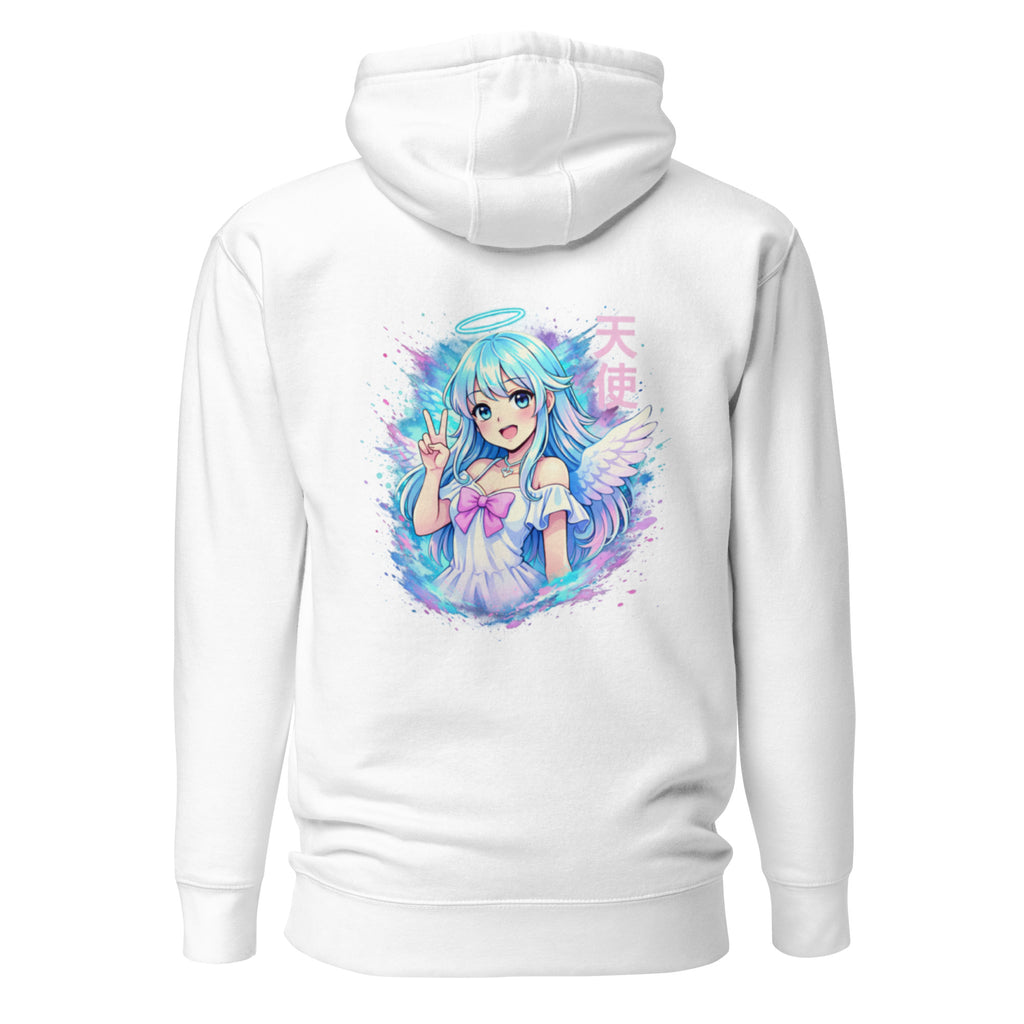 Nebura Angel Girl Neon Anime Hoodie in Weiß mit leuchtendem Anime-Rückenmotiv