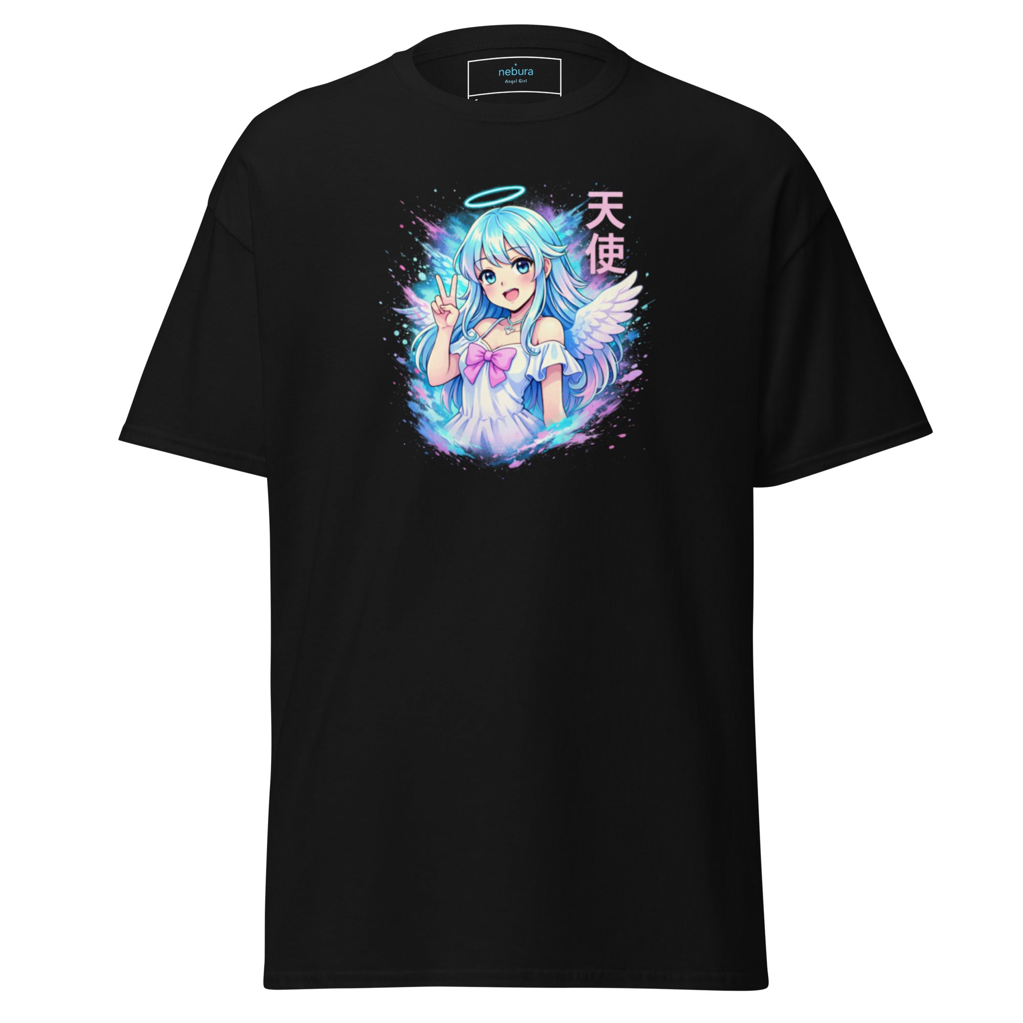 Nebura Angel Girl Neon Anime T-Shirt in Schwarz mit leuchtendem Frontprint