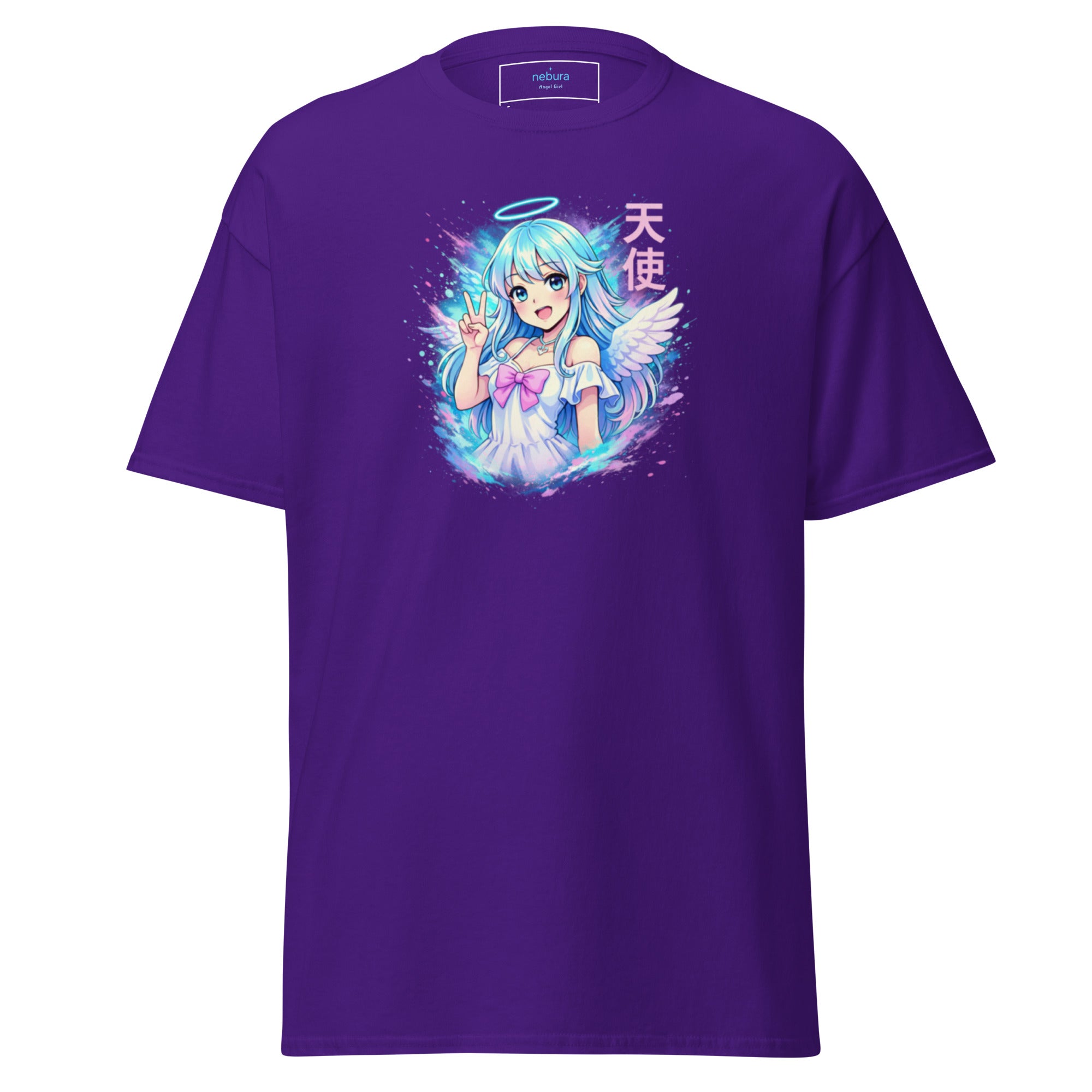 Nebura Angel Girl Neon Anime T-Shirt in Lila mit kontrastreichem Frontprint