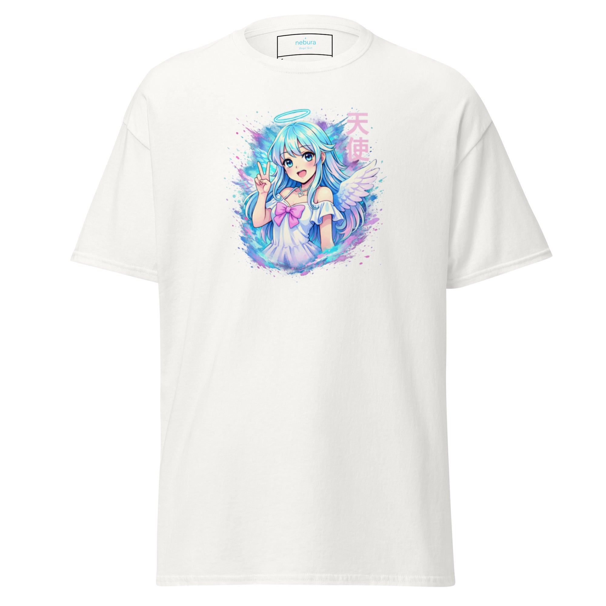 Nebura Angel Girl Neon Anime T-Shirt in Weiß mit hellem Anime-Motiv