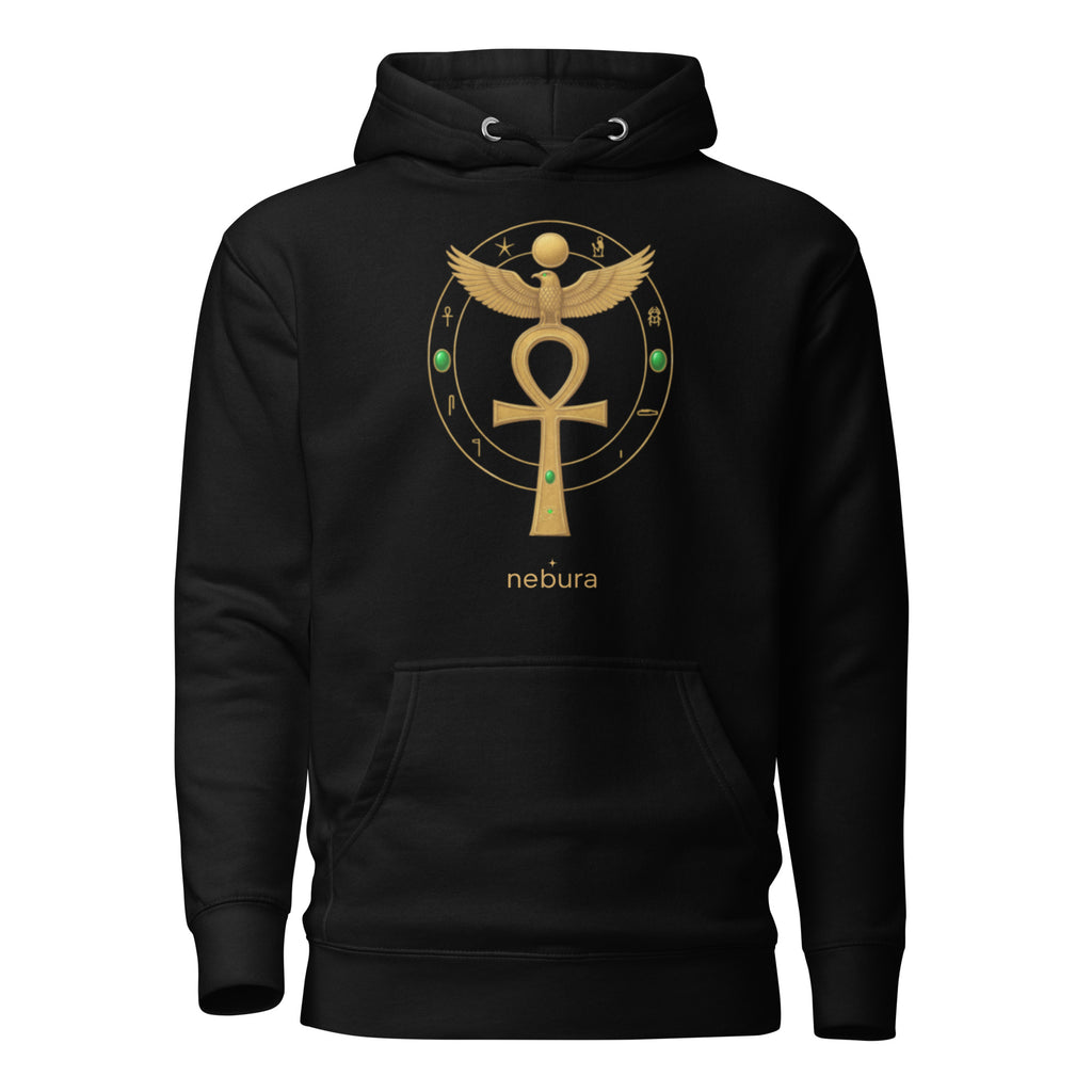 Schwarzer Nebura Hoodie mit Ankh des Horus Motiv auf der Vorderseite, ägyptisches Schutzsymbol mit spiritueller Bedeutung