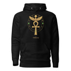 Schwarzer Nebura Hoodie mit Ankh des Horus Motiv auf der Vorderseite, ägyptisches Schutzsymbol mit spiritueller Bedeutung