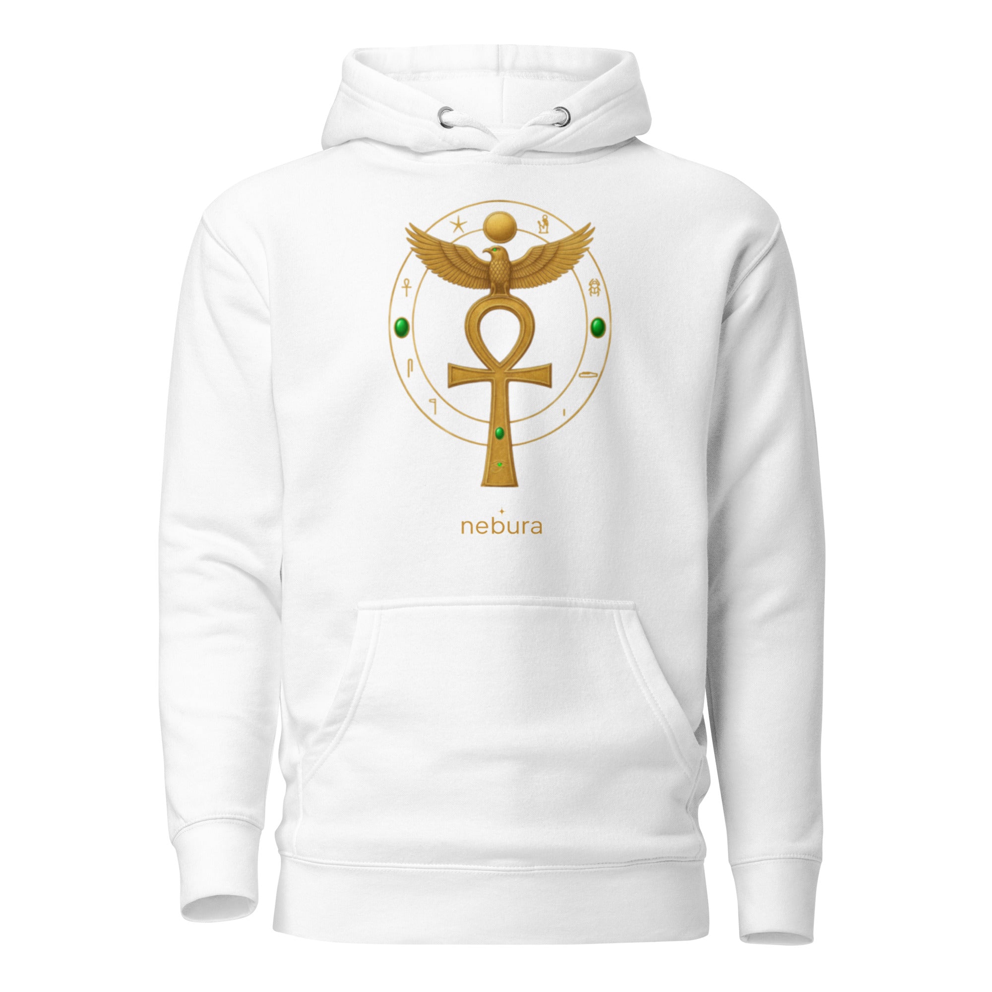 Weißer Nebura Hoodie mit Ankh des Horus Motiv auf der Vorderseite, ägyptisches Symbol für Schutz, Leben und göttliche Ordnung