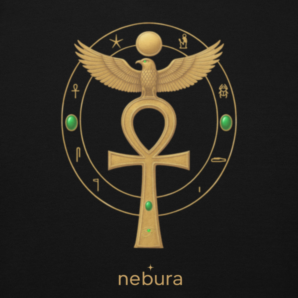 Detailansicht des Nebura Designs „Ankh des Horus“ mit ägyptischem Ankh- und Horus-Symbol