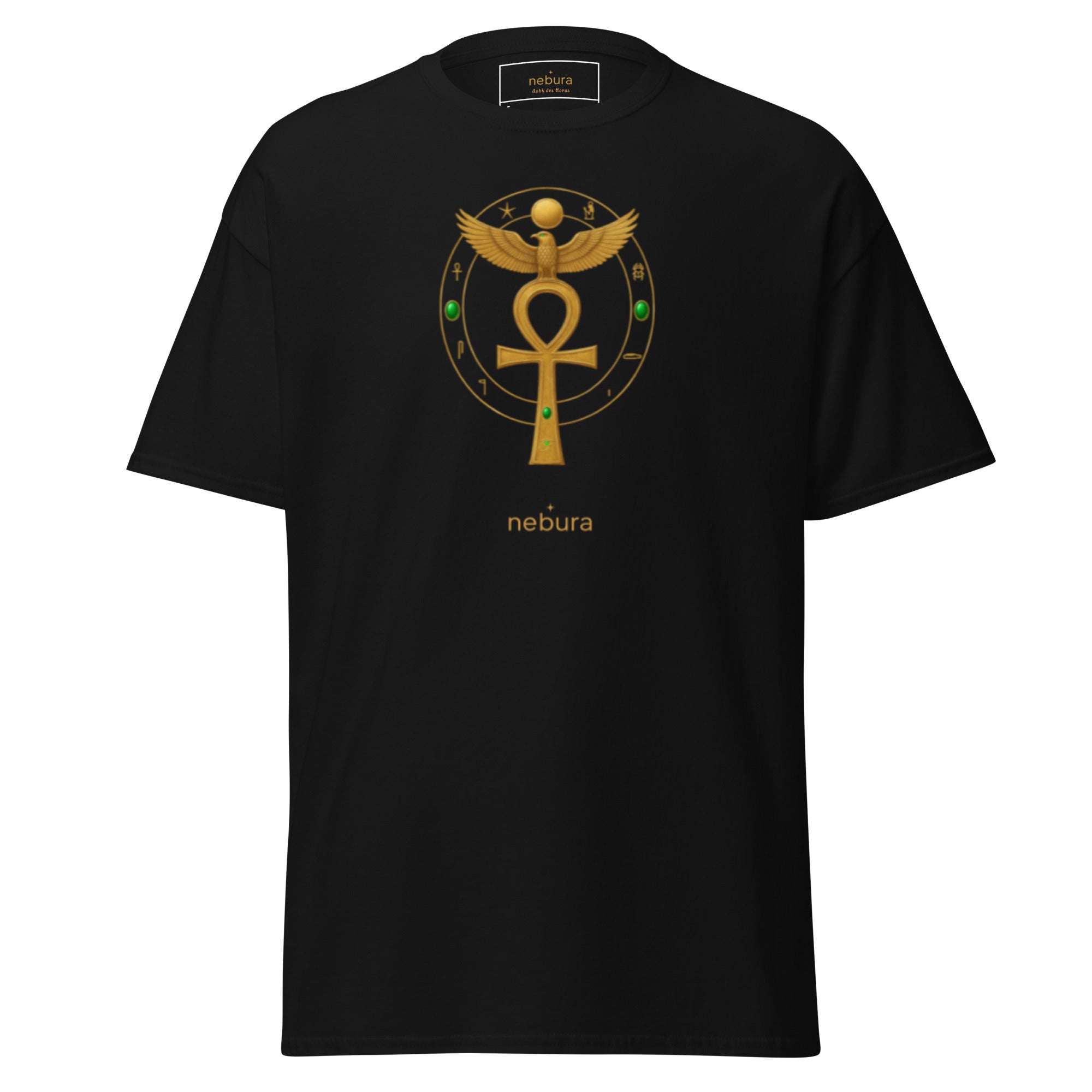 Schwarzes Nebura Shirt mit Ankh des Horus Motiv auf der Vorderseite, ruhiges ägyptisches Design mit spiritueller Symbolik
