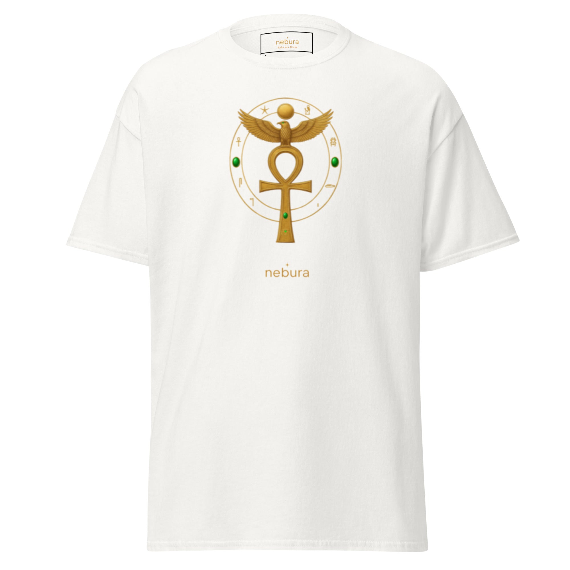 Weißes Nebura Shirt mit Ankh des Horus Motiv auf der Vorderseite, ägyptisch inspiriertes Symbol für Schutz, Leben und Klarheit
