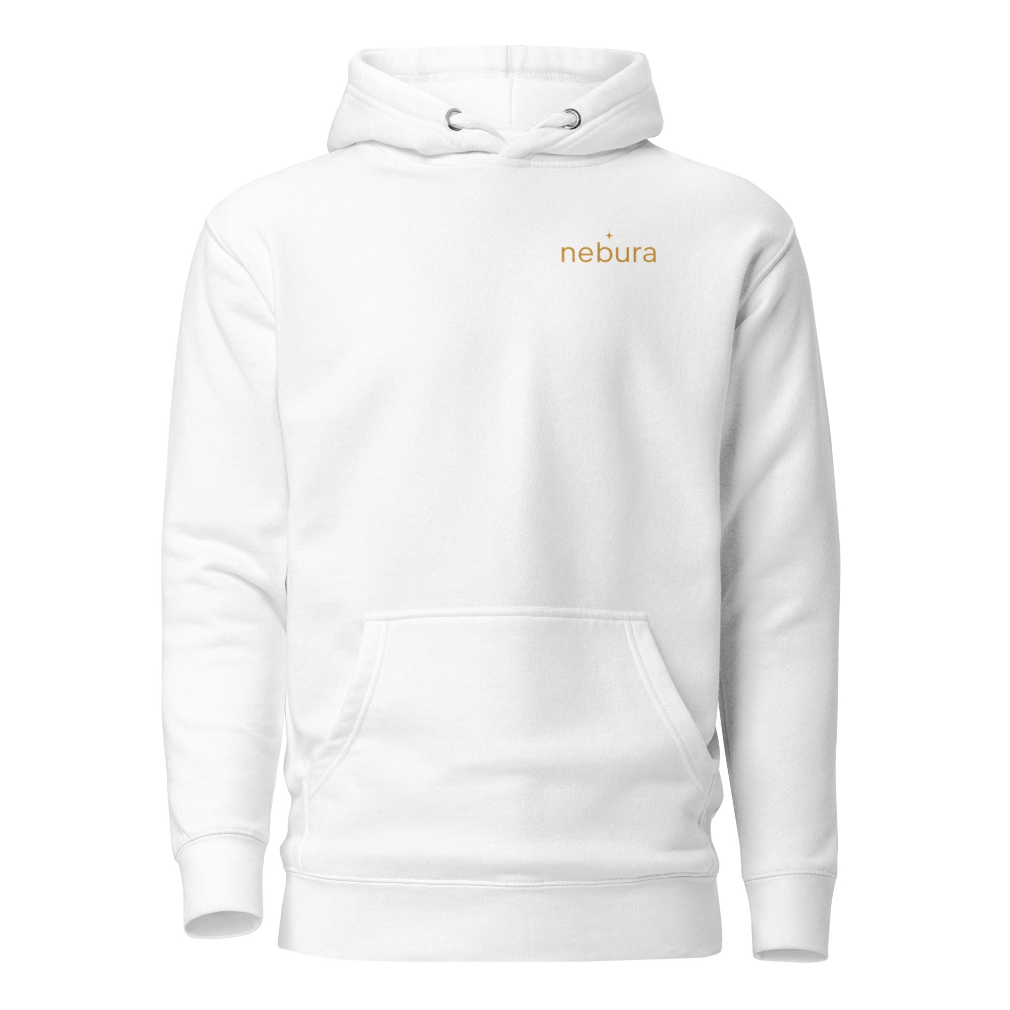 Nebura Classic Hoodie in Weiß – reduziertes Essential mit dezentem Nebura Schriftzug.