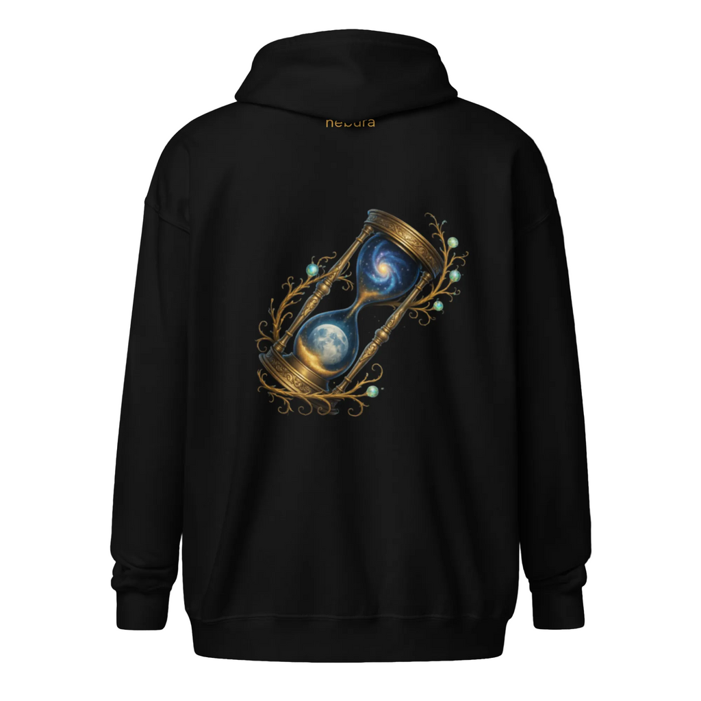 Eternal Sands Zip Hoodie in schwarz mit kosmischer Sanduhr und Galaxie Design von Nebura