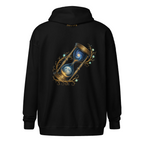 Eternal Sands Zip Hoodie in schwarz mit kosmischer Sanduhr und Galaxie Design von Nebura