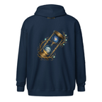 Eternal Sands Zip Hoodie mit mystischer Sanduhr und Galaxie auf blauem Hoodie