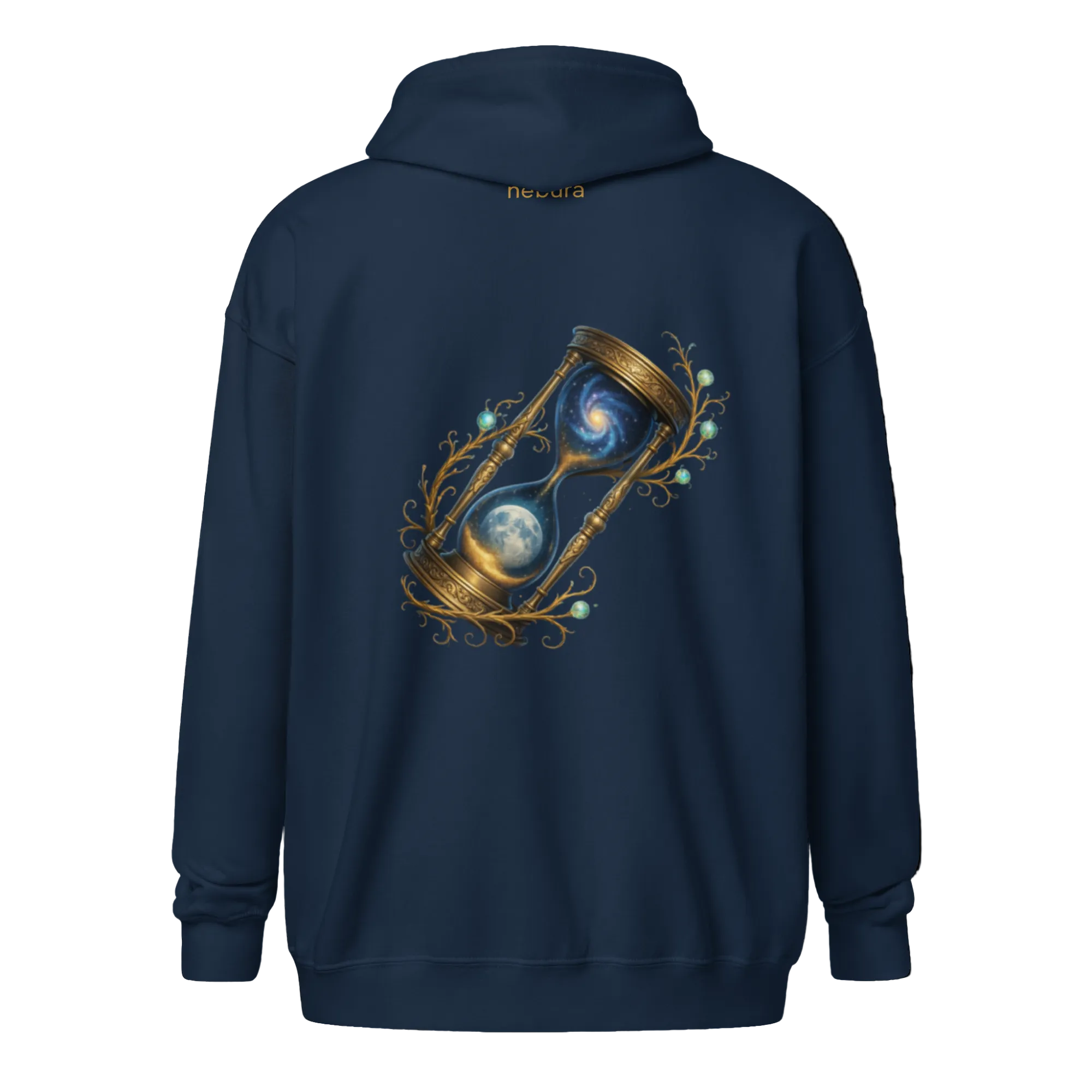 Eternal Sands Zip Hoodie mit mystischer Sanduhr und Galaxie auf blauem Hoodie
