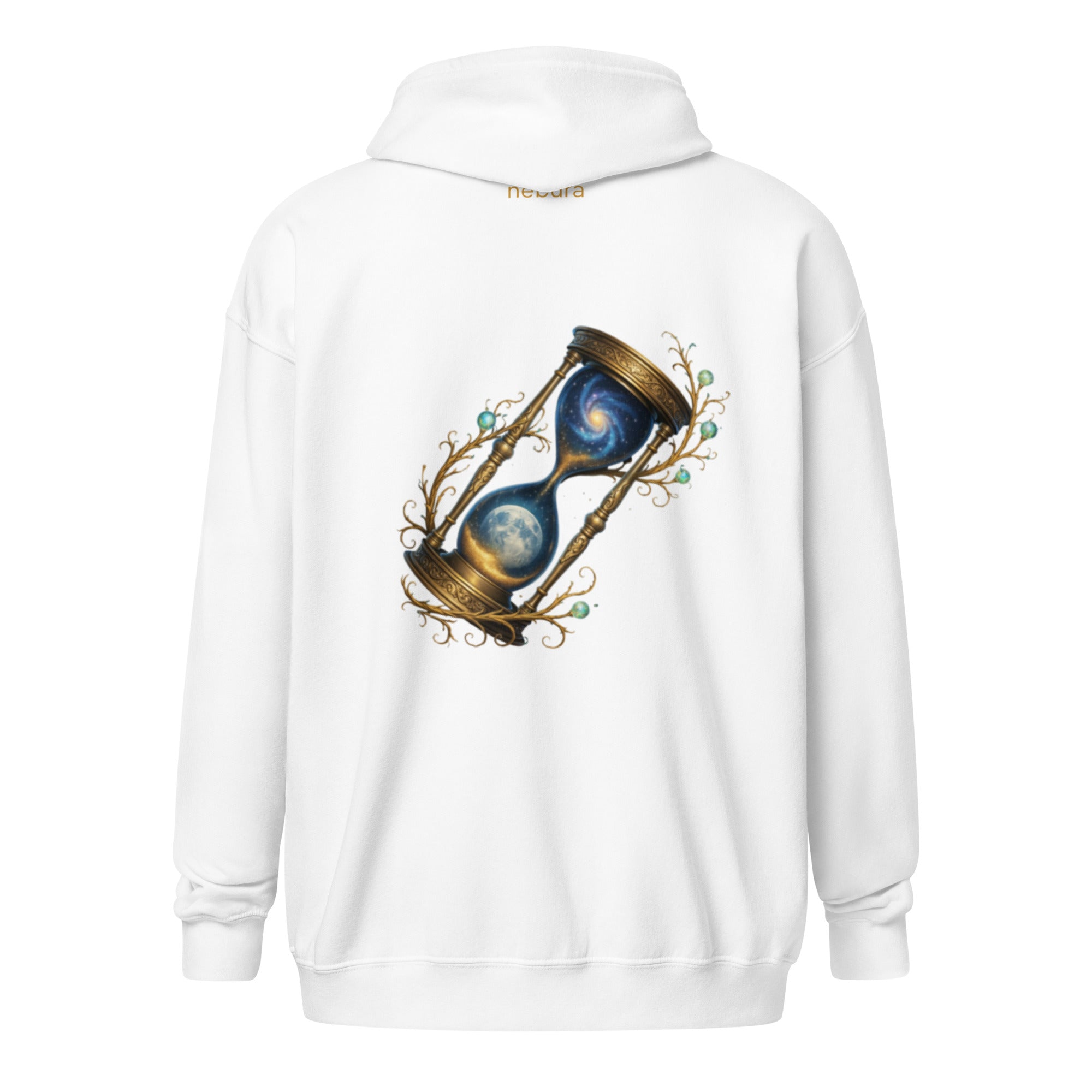 Eternal Sands Zip Hoodie mit kosmischem Sanduhr Design auf weißem Hoodie