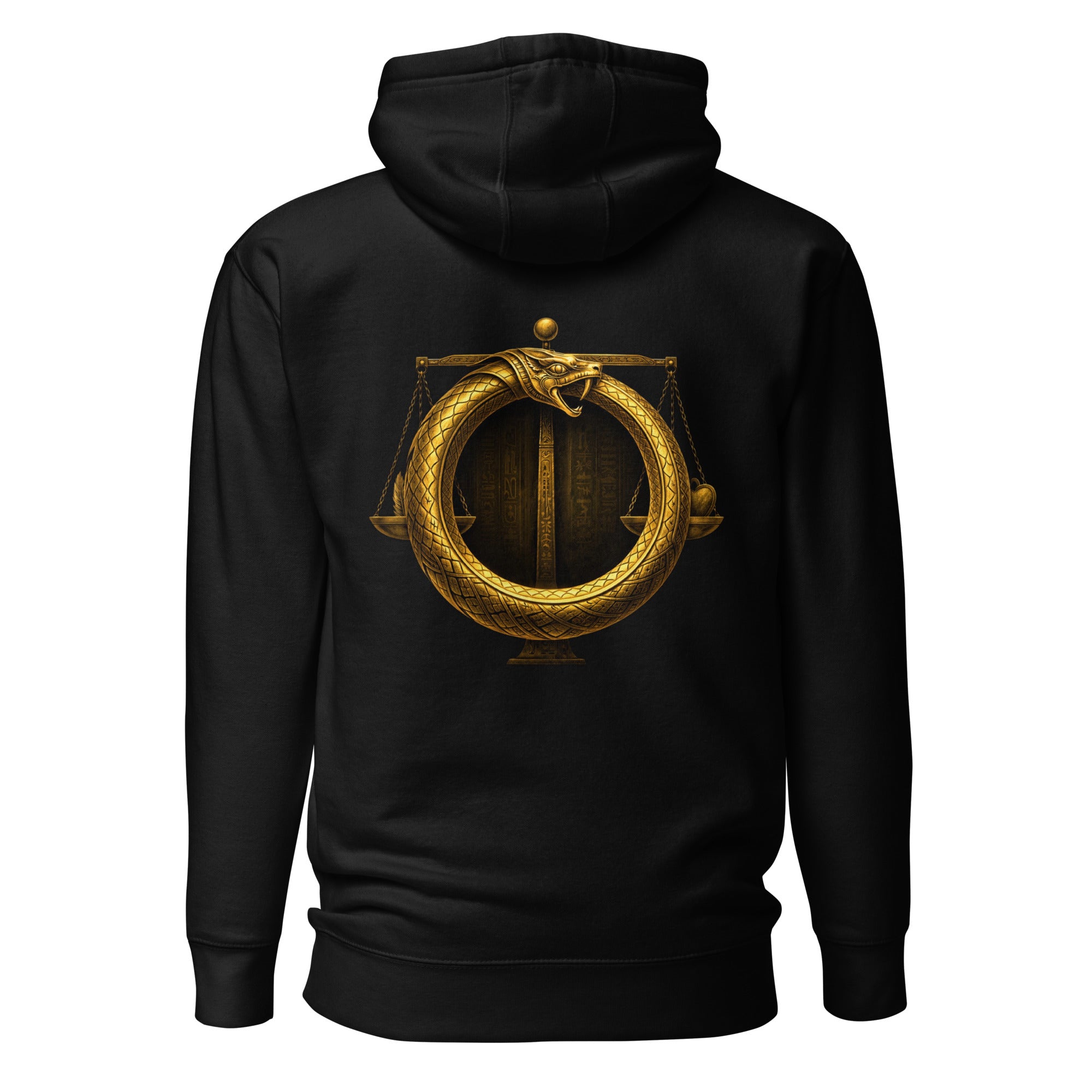 Ewiges Urteil Hoodie schwarz mit ägyptischem Ouroboros Symbol und goldener Waage