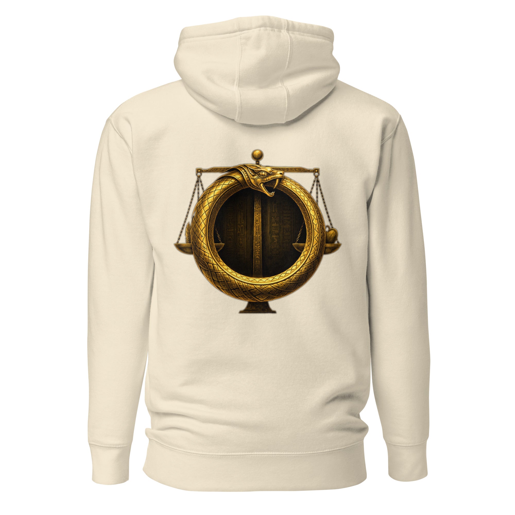 Ewiges Urteil Hoodie beige mit Ouroboros Symbol und ägyptischen Hieroglyphen in Gold