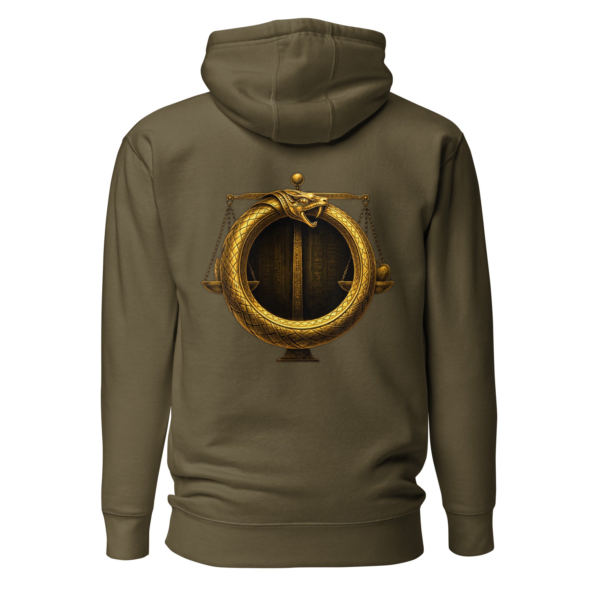 Ewiges Urteil Hoodie Militärgrün mit ägyptischer Symbolik, Ouroboros und goldenen Details