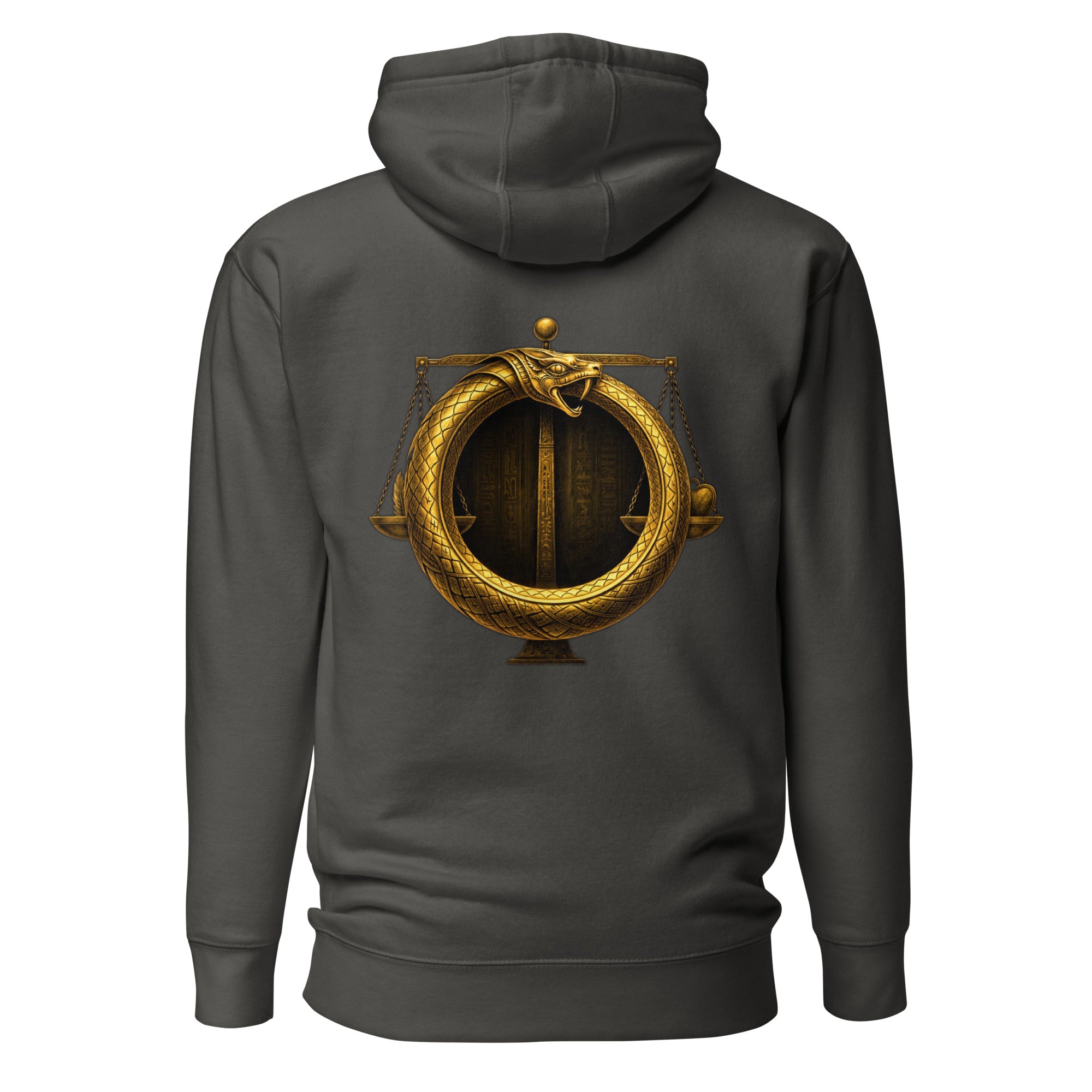 Ewiges Urteil Hoodie grau mit Ouroboros Kreis und ägyptischem Symbol Design in Gold