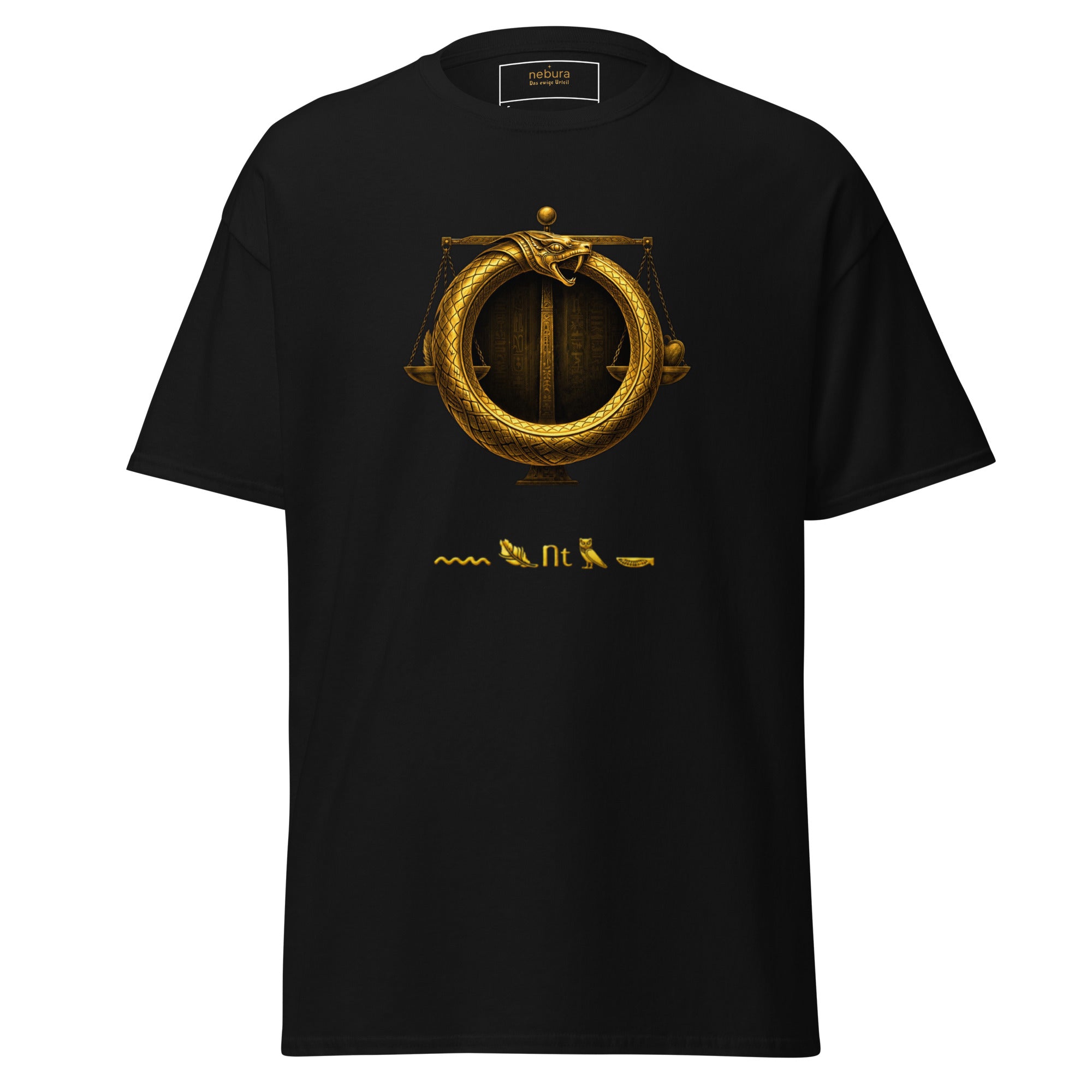 Ewiges Urteil T-Shirt schwarz mit ägyptischem Ouroboros Symbol und goldenen Hieroglyphen