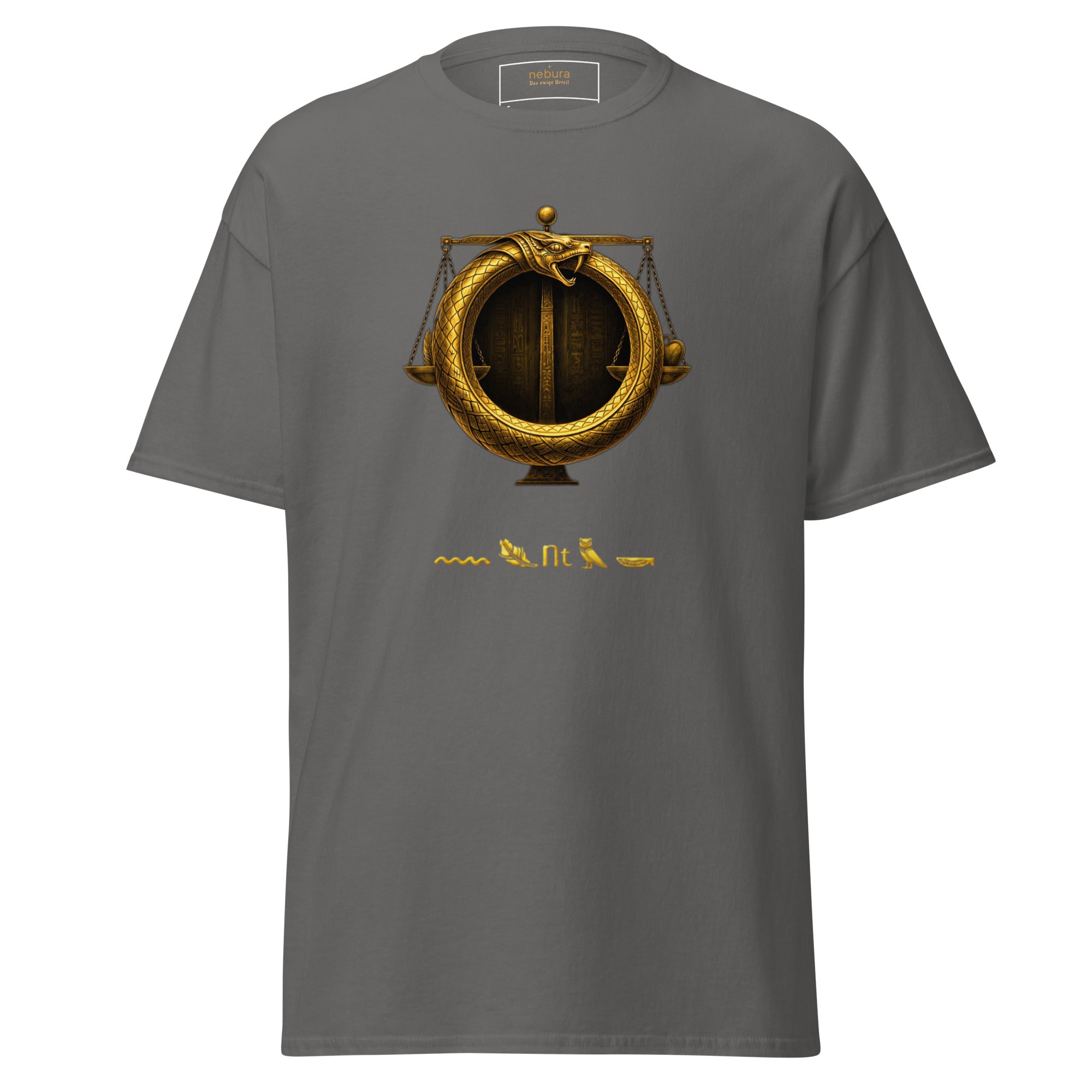 Ewiges Urteil T-Shirt grau mit ägyptischem Symbol, Ouroboros Kreis und goldenem Design