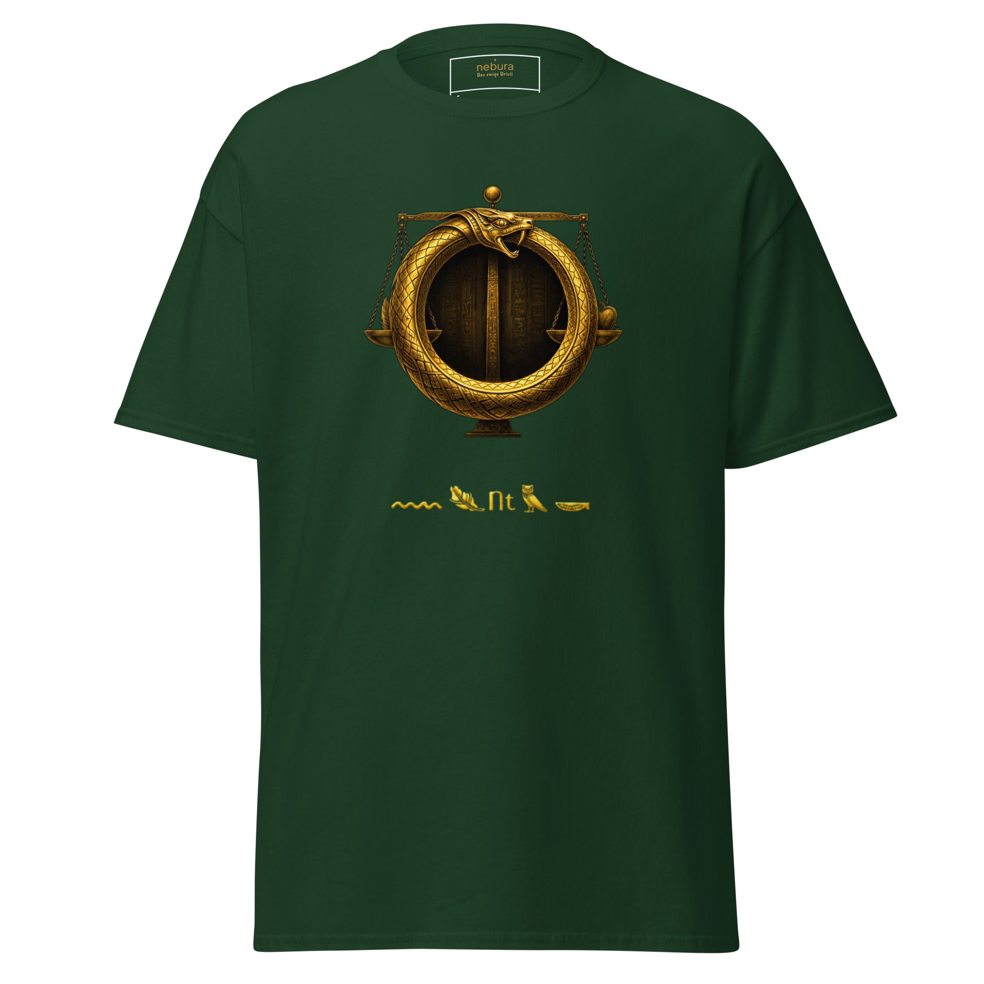 Ewiges Urteil T-Shirt grün mit Ouroboros und ägyptischer Waage, goldenes Symbol Design