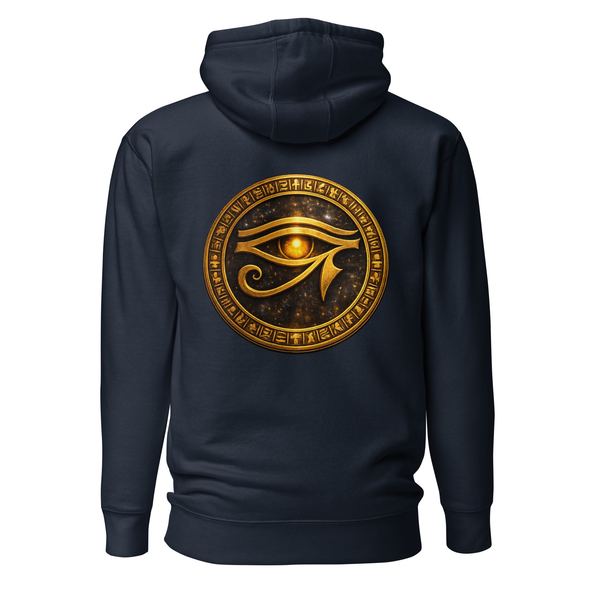Navyblauer Eye of Ra Hoodie mit ägyptischem Schutzsymbol im Goldlook von Nebura