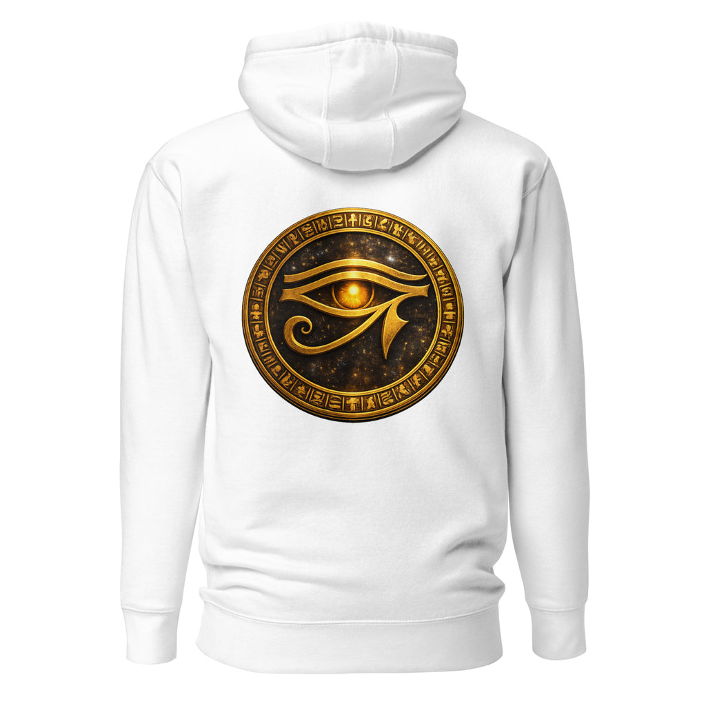 Nebura Eye of Ra Hoodie weiß mit goldenem ägyptischem Schutzsymbol auf dem Rücken