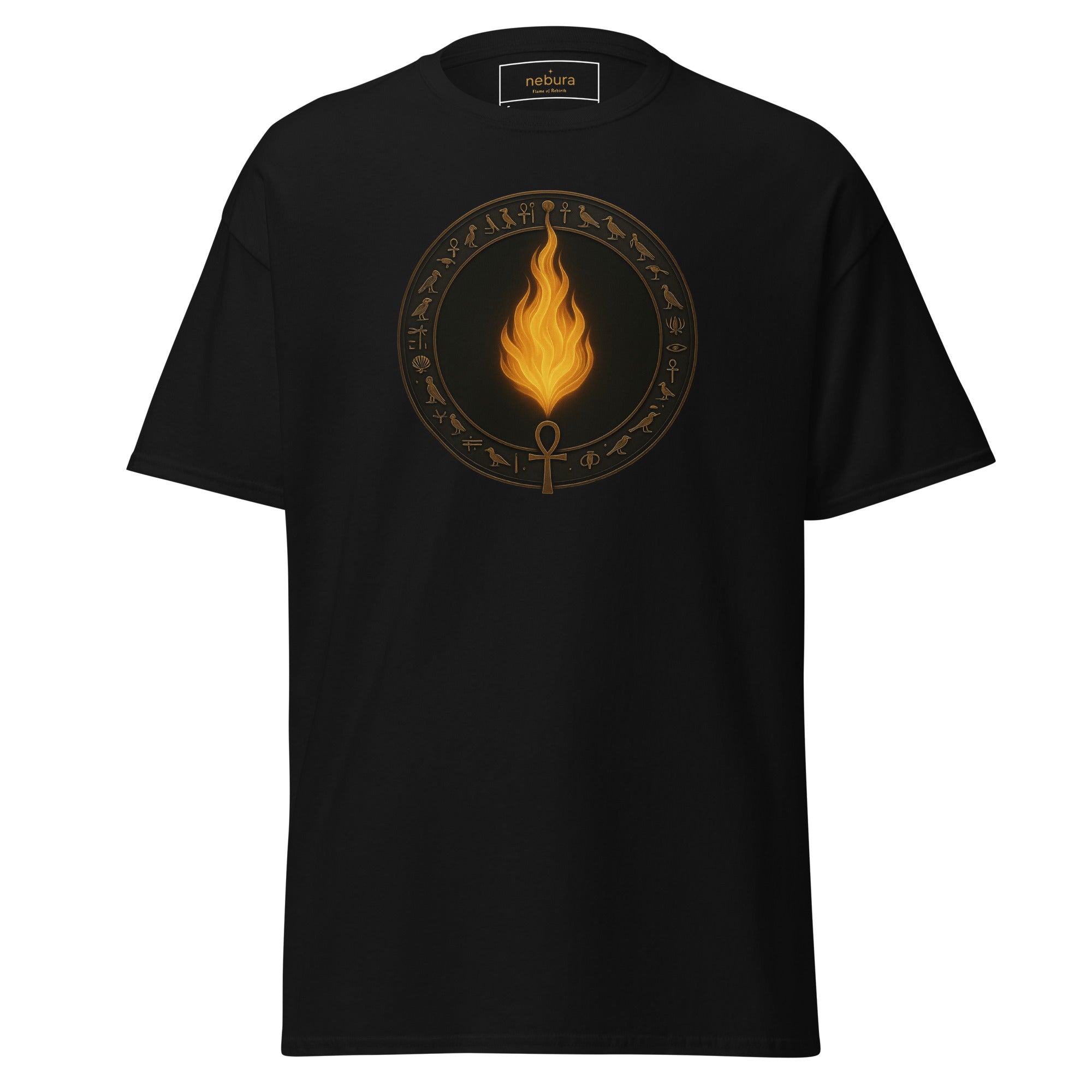 Schwarzes Nebura Shirt mit Flame of Rebirth Motiv auf der Vorderseite, ruhiges Symbol für Erneuerung und Klarheit im Licht
