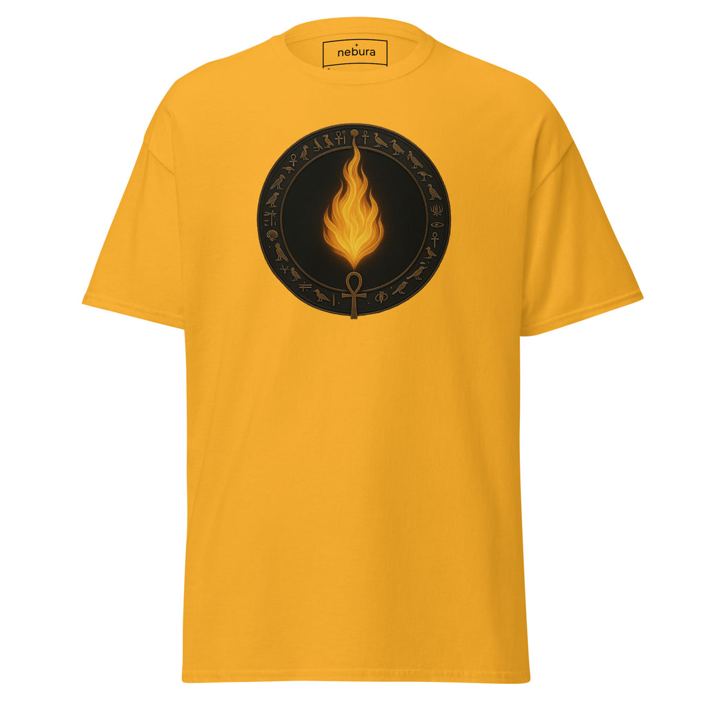 Goldfarbenes Nebura Shirt mit Flame of Rebirth Motiv auf der Vorderseite, warmes Feuermotiv über Neubeginn und Klarheit