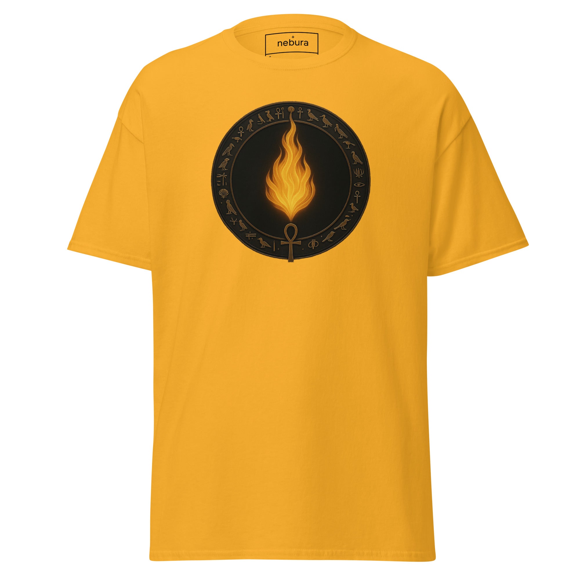 Goldfarbenes Nebura Shirt mit Flame of Rebirth Motiv auf der Vorderseite, warmes Feuermotiv über Neubeginn und Klarheit