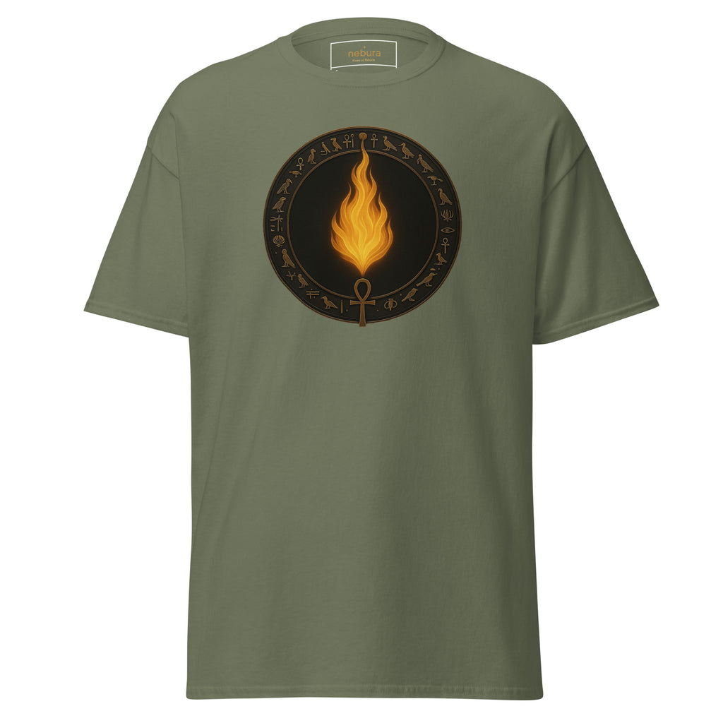 Olivgrünes Nebura Shirt mit Flame of Rebirth Motiv auf der Vorderseite, erdiges Design über Transformation und innere Stärke