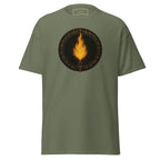 Olivgrünes Nebura Shirt mit Flame of Rebirth Motiv auf der Vorderseite, erdiges Design über Transformation und innere Stärke