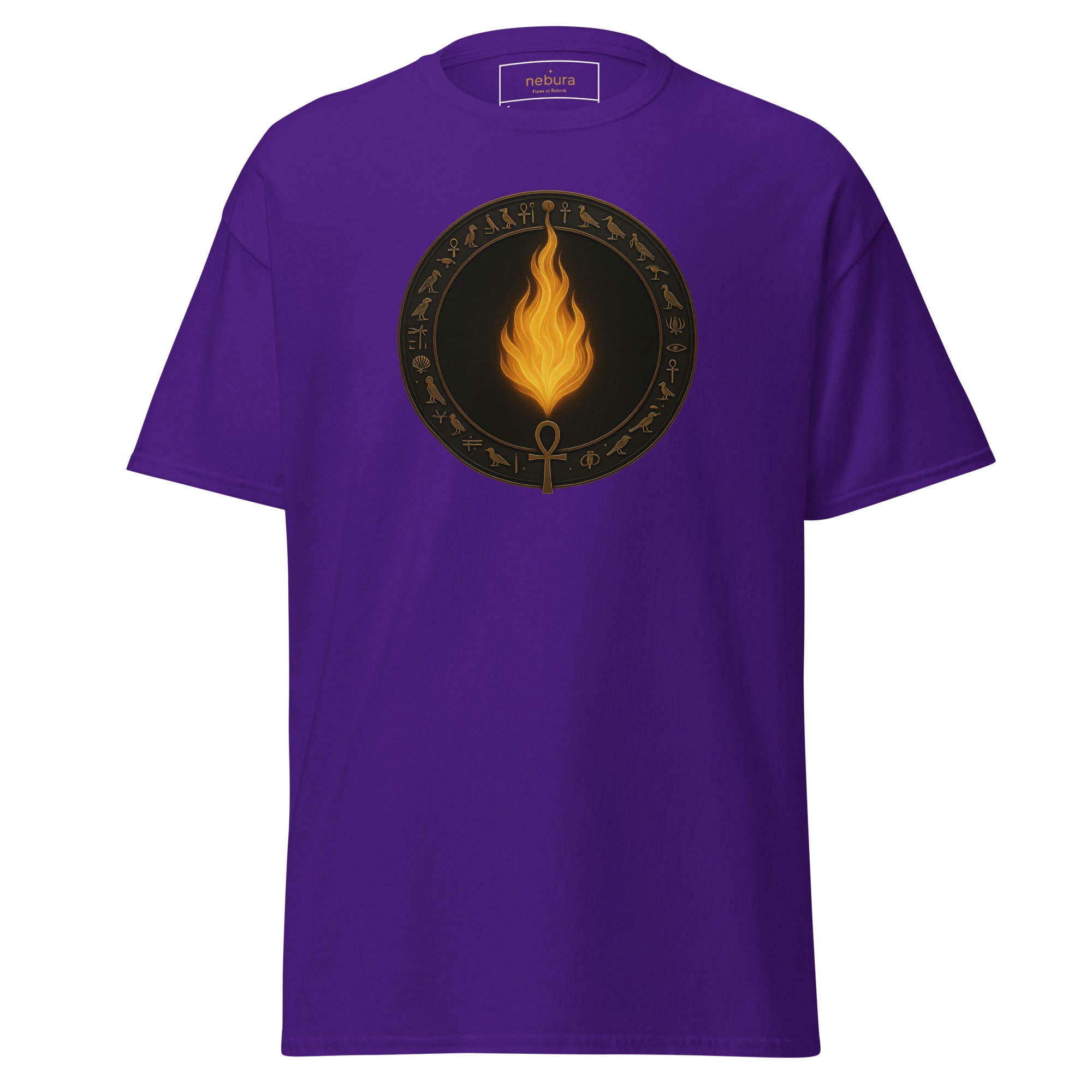 Lila Nebura Shirt mit Flame of Rebirth Motiv auf der Vorderseite, mystisches Feuermotiv über Wandel und innere Klarheit