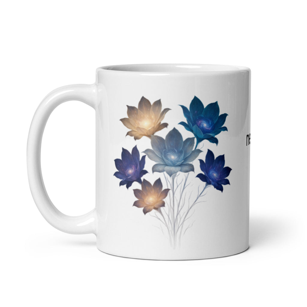 Nebura Galaxyflower Tasse – Linke Ansicht mit galaktischen Blüten und feiner Lichtstruktur
