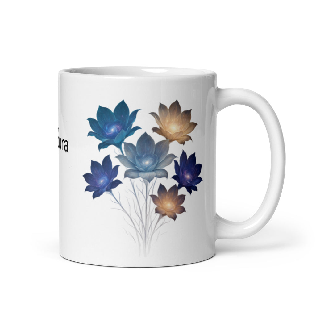 Nebura Galaxyflower Tasse – Rechte Ansicht mit kosmischem Blumen Design und ruhiger Farbwirkung
