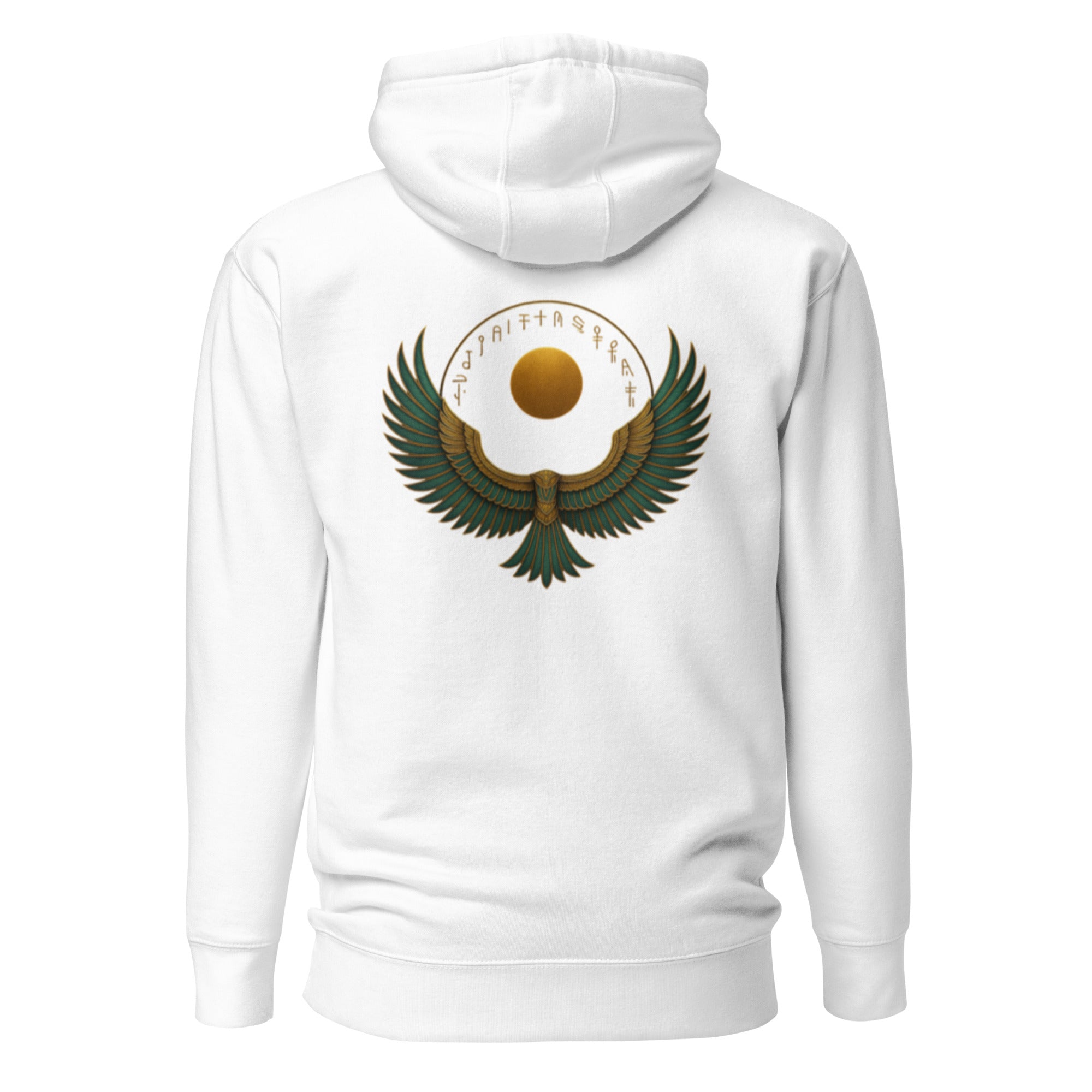 Weißer Nebura Hoodie mit goldenen Isis-Flügeln im ägyptischen Stil, spirituelles Design mit mythologischer Symbolik