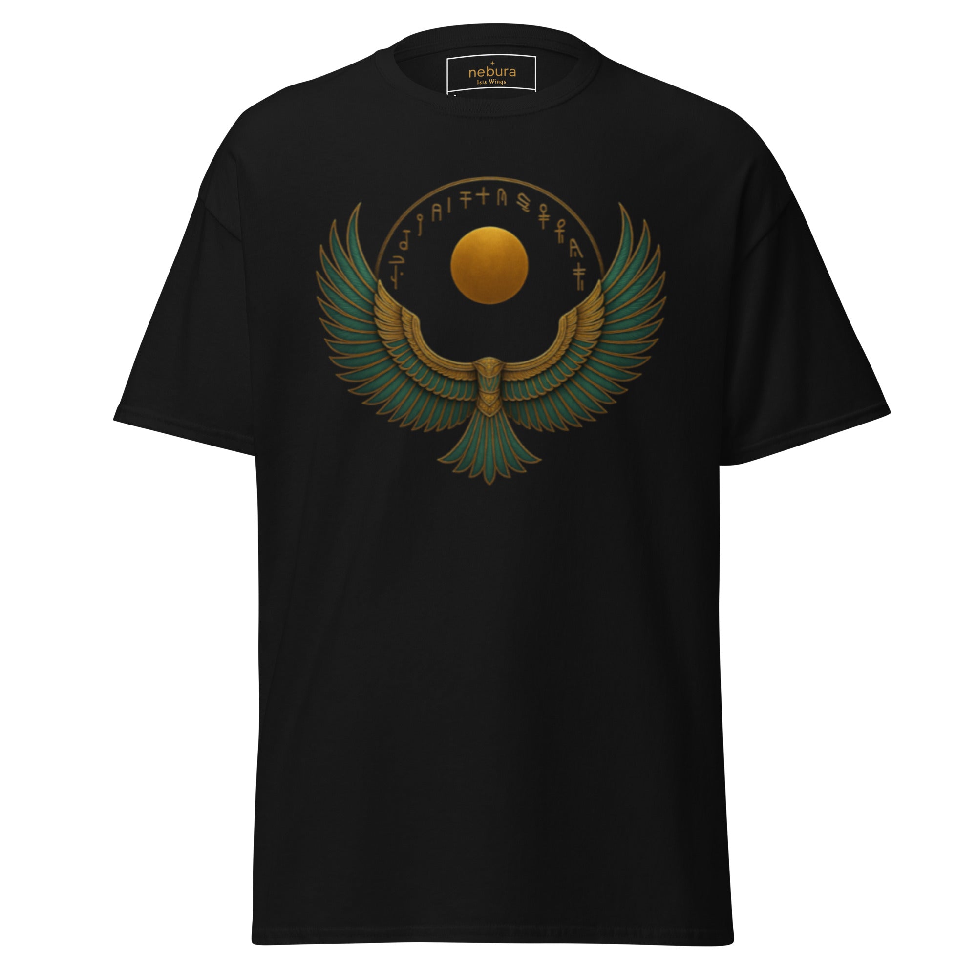 Schwarzes Nebura Shirt mit Isis Wings Motiv auf der Vorderseite, ägyptisch inspiriertes Flügeldesign mit kraftvoller, ruhiger Ausstrahlung
