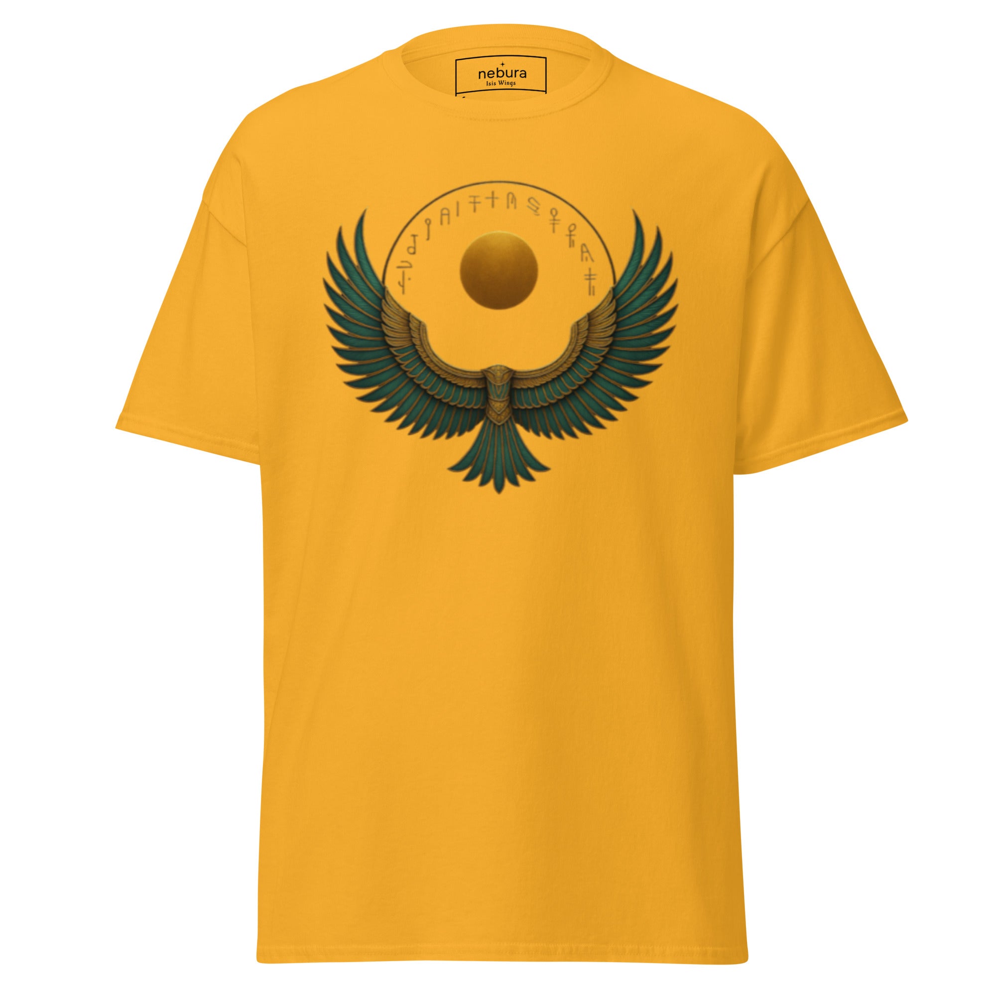 Goldfarbenes Nebura Shirt mit Isis Wings Motiv auf der Vorderseite, ägyptisches Flügelmotiv als Zeichen von Schutz und Klarheit