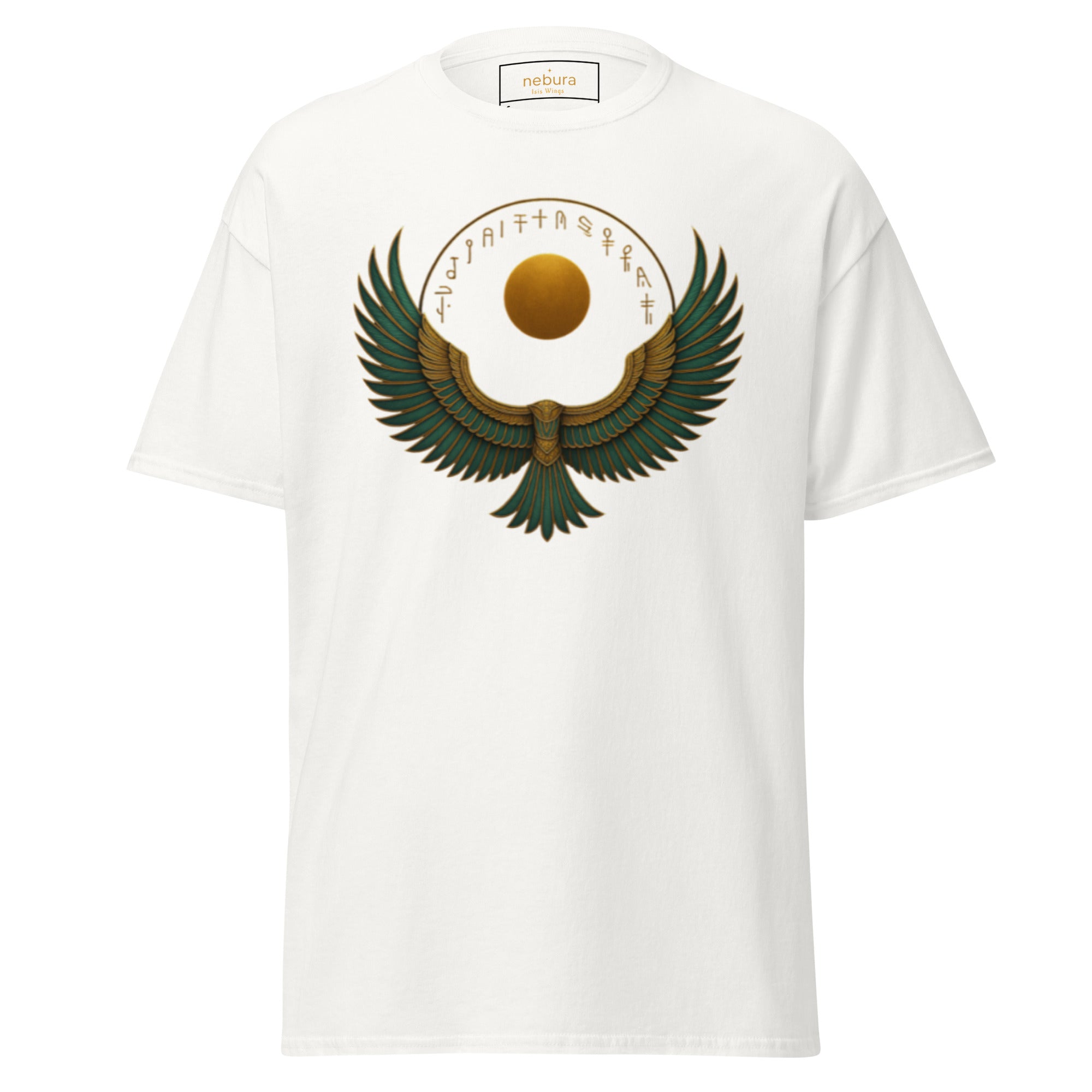Weißes Nebura Shirt mit Isis Wings Motiv auf der Vorderseite, ägyptisch inspiriertes Flügeldesign mit ruhiger Schutzsymbolik