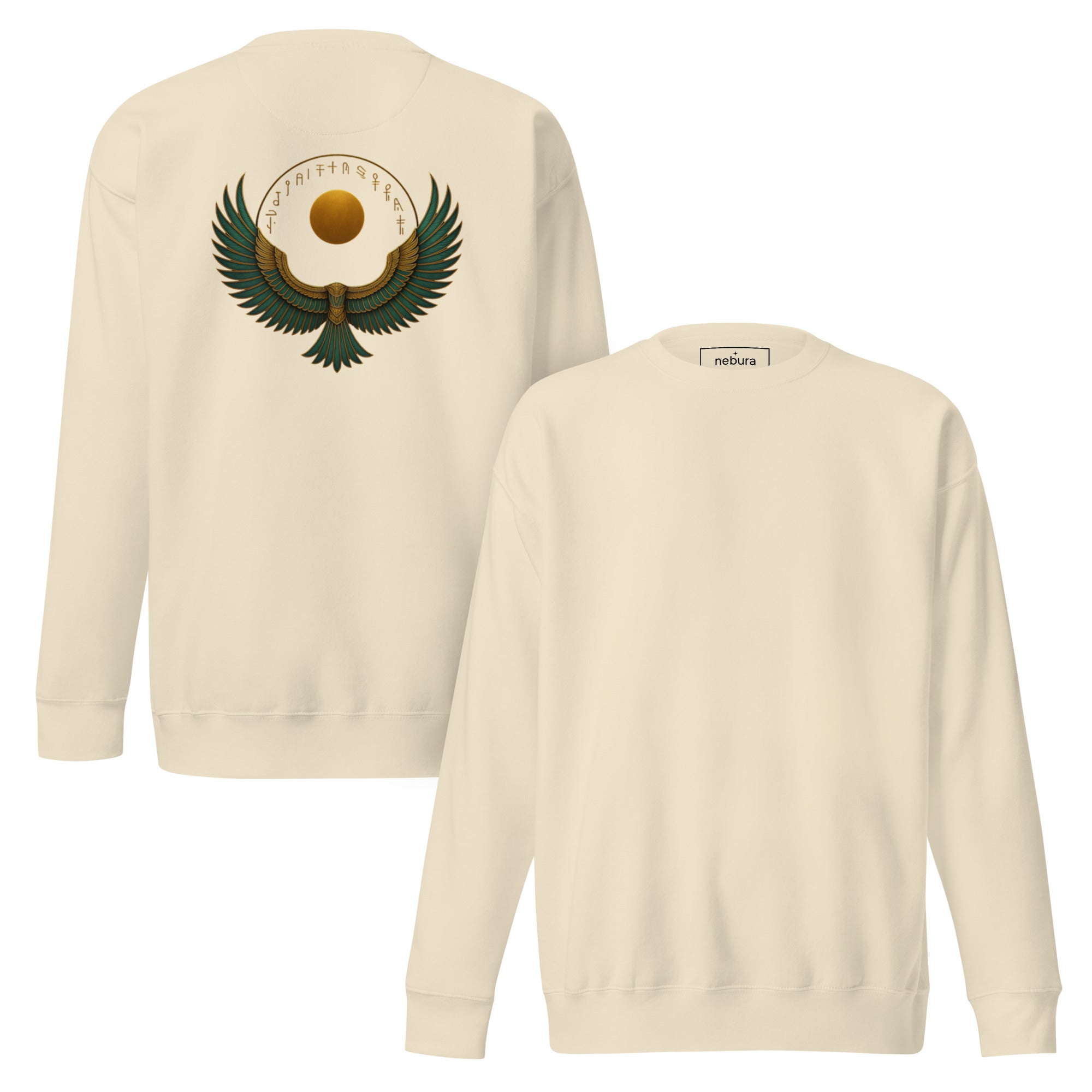Nebura Isis Wings Sweatshirt in Sand – Front- und Rückansicht mit ägyptischem Schutzsymbol, Isis-Flügeln und Sonnenscheibe
