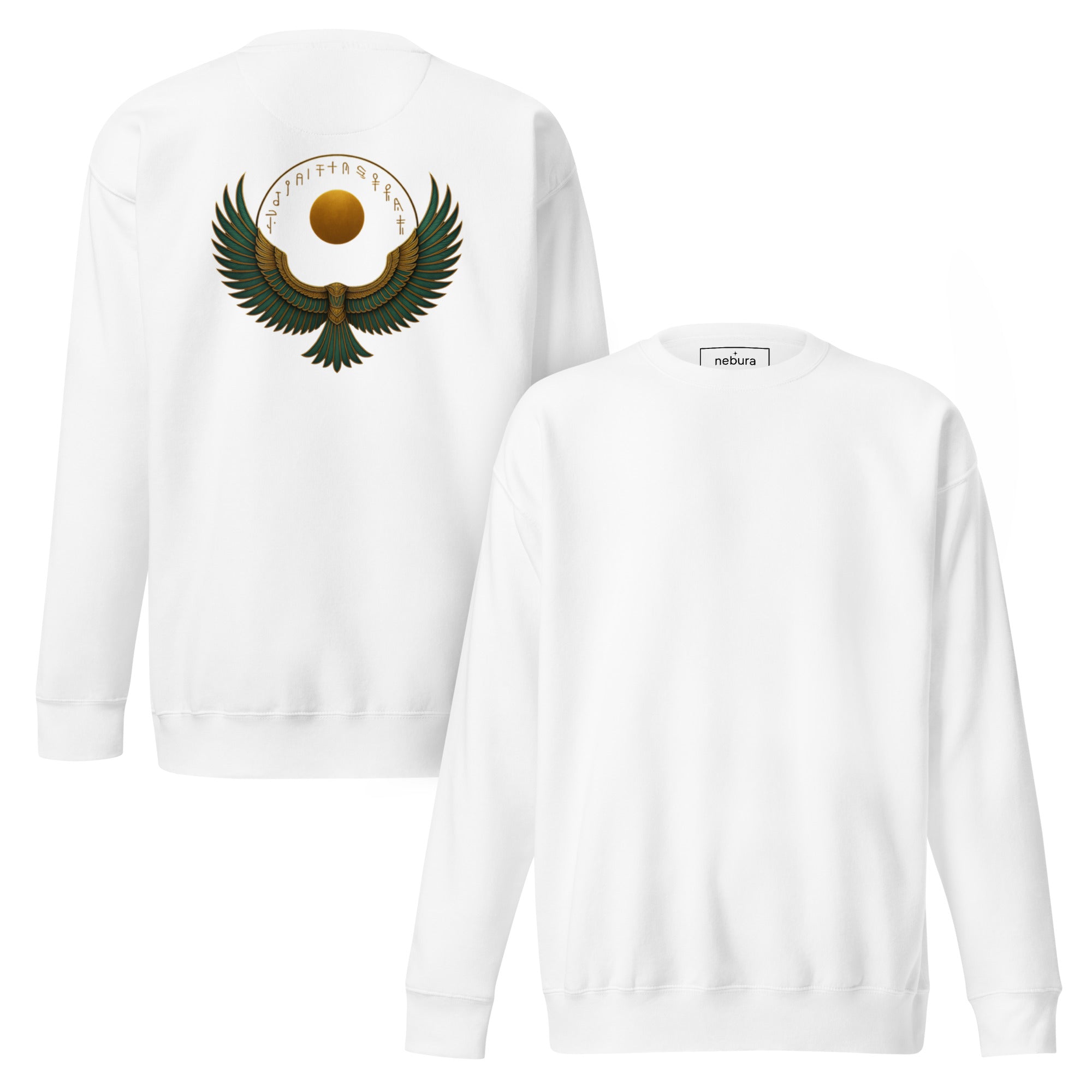 Nebura Isis Wings Sweatshirt in Weiß – Front- und Rückansicht mit ägyptischem Schutzsymbol, Isis-Flügeln und Sonnenscheibe
