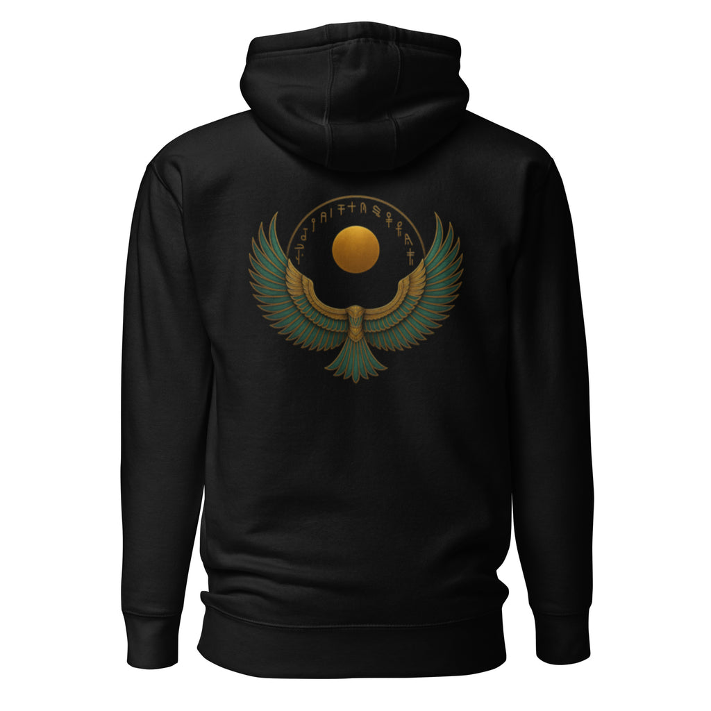Schwarzer Nebura Hoodie mit goldenen Isis-Flügeln im ägyptischen Stil, spirituelles Design mit mythologischer Symbolik