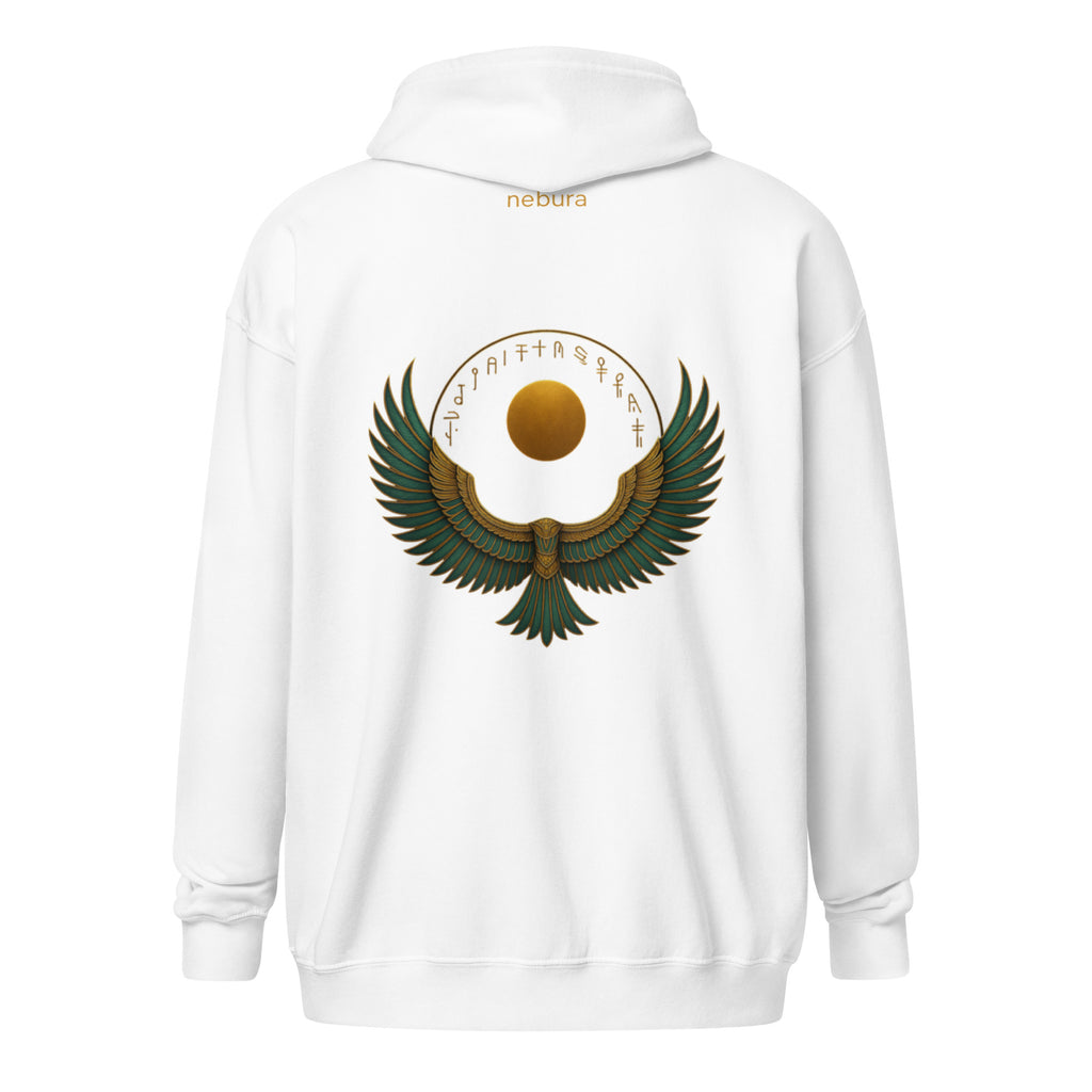 Isis Wings Zip Hoodie mit goldenen und smaragdgrünen Flügeln der Göttin Isis