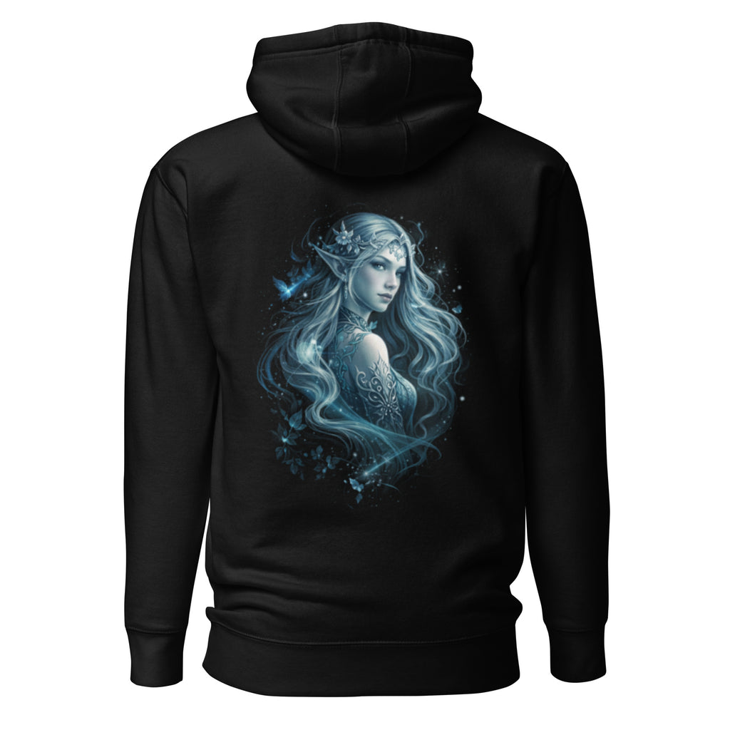 Iskaria Hoodie Schwarz mit mystischer Eiselfe im blau leuchtenden Fantasy-Motiv auf dem Rücken