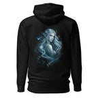 Iskaria Hoodie Schwarz mit mystischer Eiselfe im blau leuchtenden Fantasy-Motiv auf dem Rücken