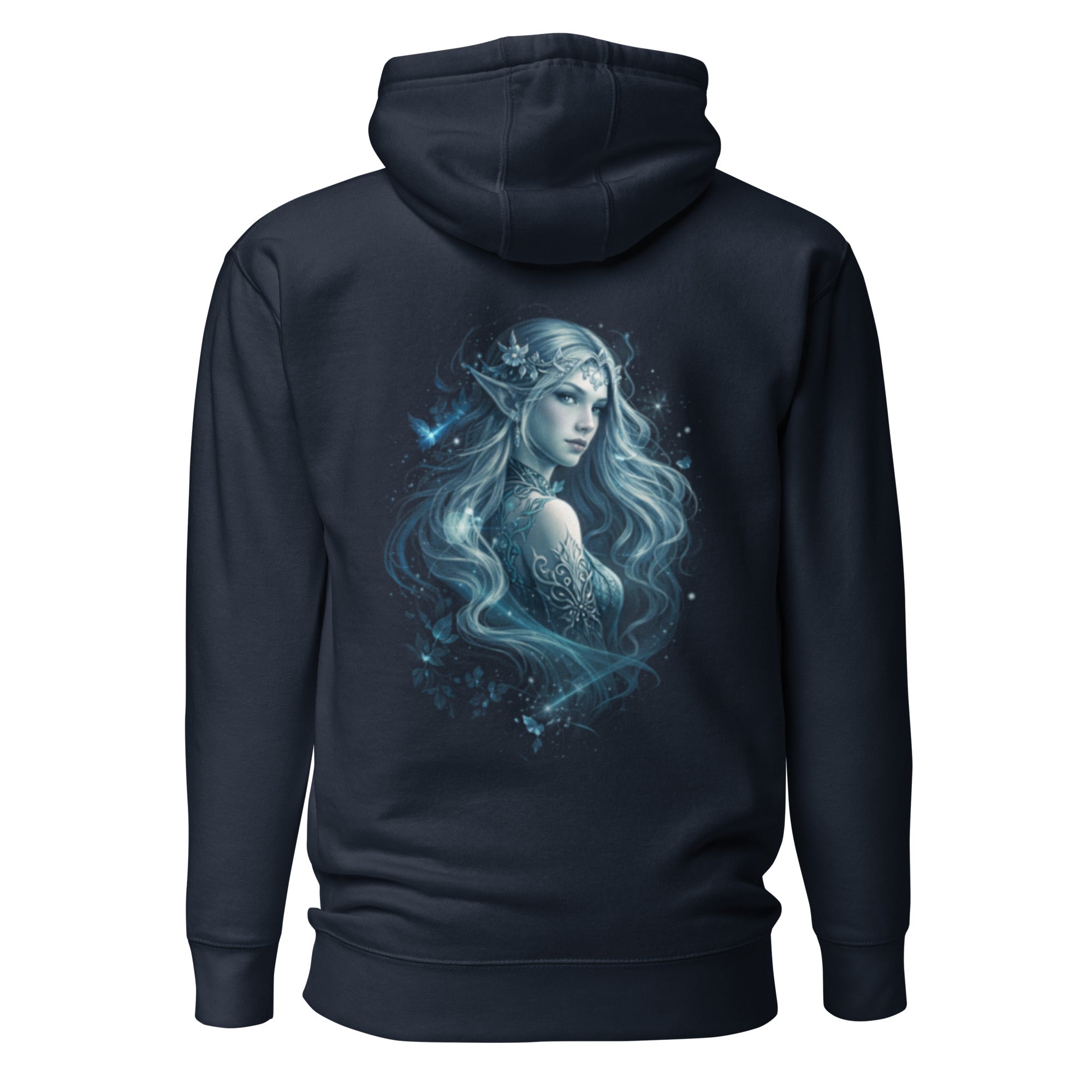 Iskaria Hoodie Navy mit eisblauer Eiselfe im detailreichen Fantasy-Design