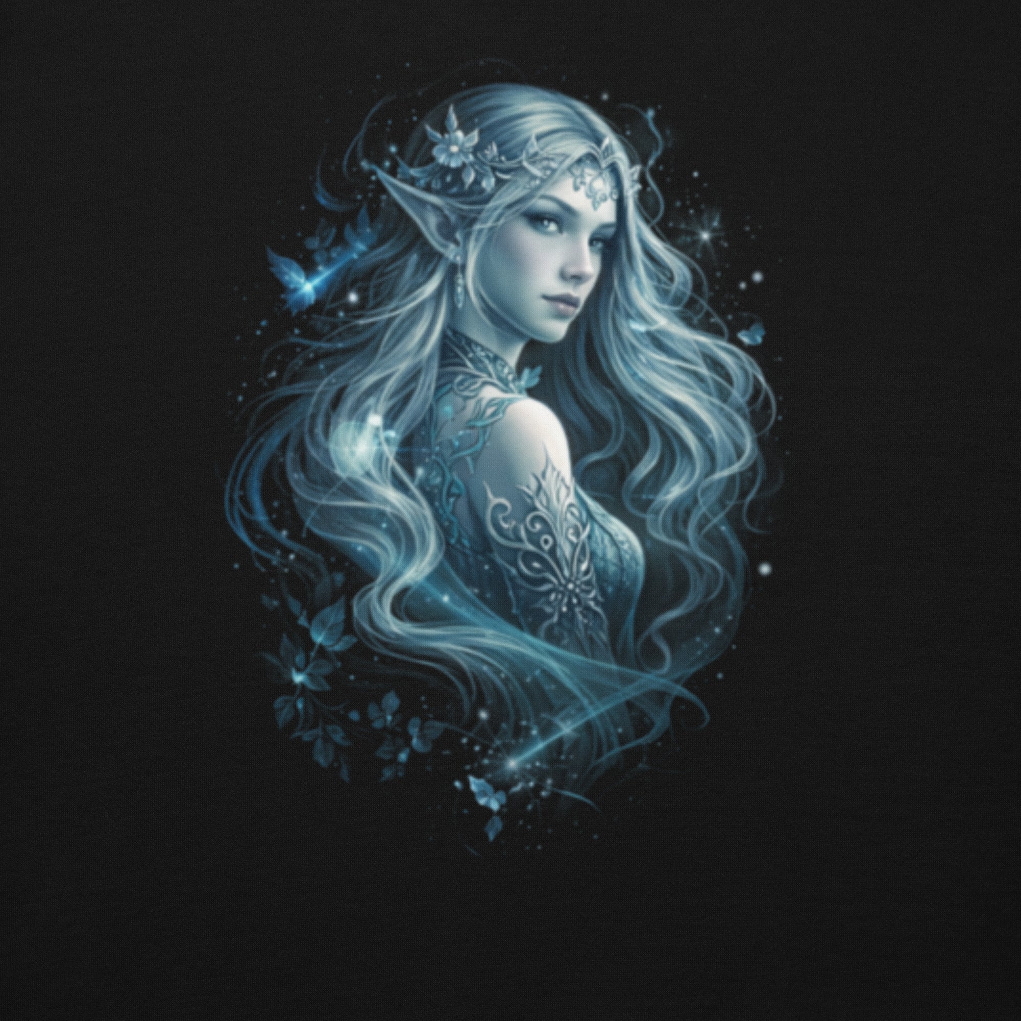 Detailansicht der Eiselfe Iskaria mit leuchtender blauer Aura auf Stoff