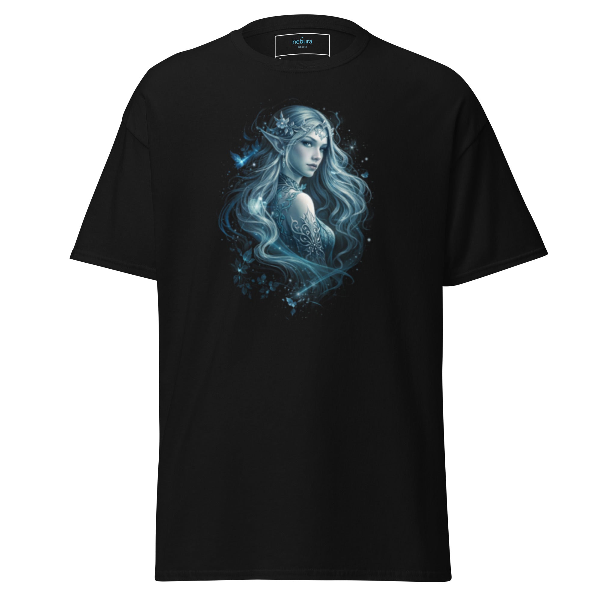 Iskaria T-Shirt Schwarz mit mystischer Eiselfe im blau leuchtenden Fantasy Motiv