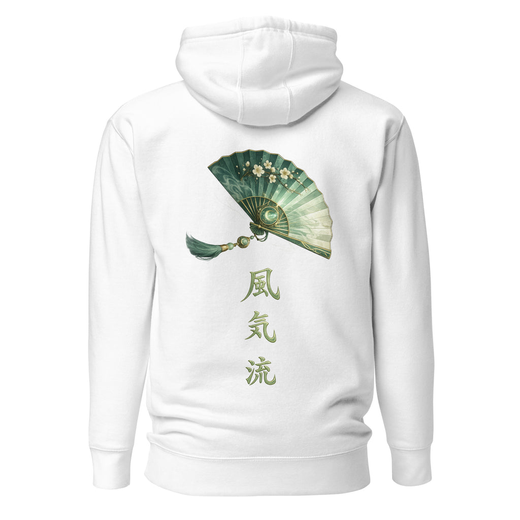 Nebura Jadehauch Hoodie weiß mit japanischem Fächer-Motiv und vertikaler Schrift auf dem Rücken