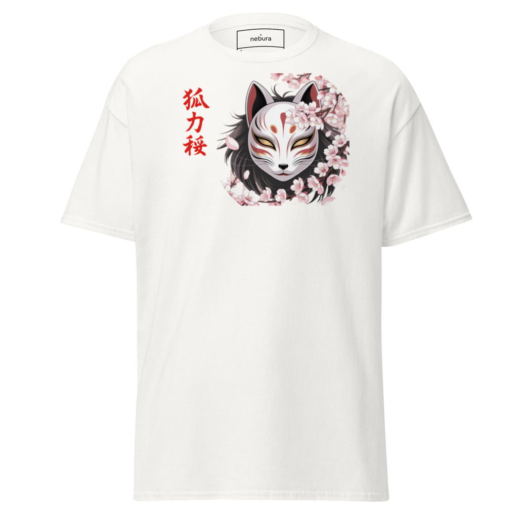 Weißes Nebura Shirt mit Kitsune Sakura Motiv auf der Vorderseite, japanisch inspiriertes Fuchsdesign mit Kirschblüten und ruhiger Symbolik